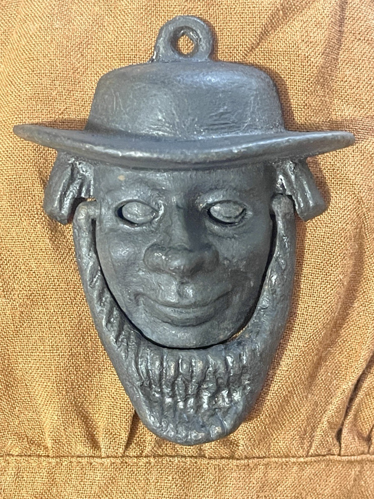 Vintage 1940s  Cast Iron Door Knocker Amish Man Open Closes Eyes Wilton Country