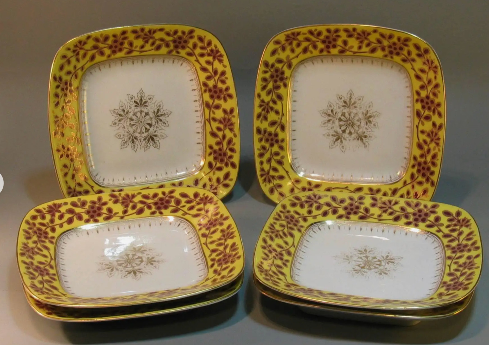 Antique B&D Carlsbad Austrian Porcelain 4 Square Dessert Plates Yellow Chintz