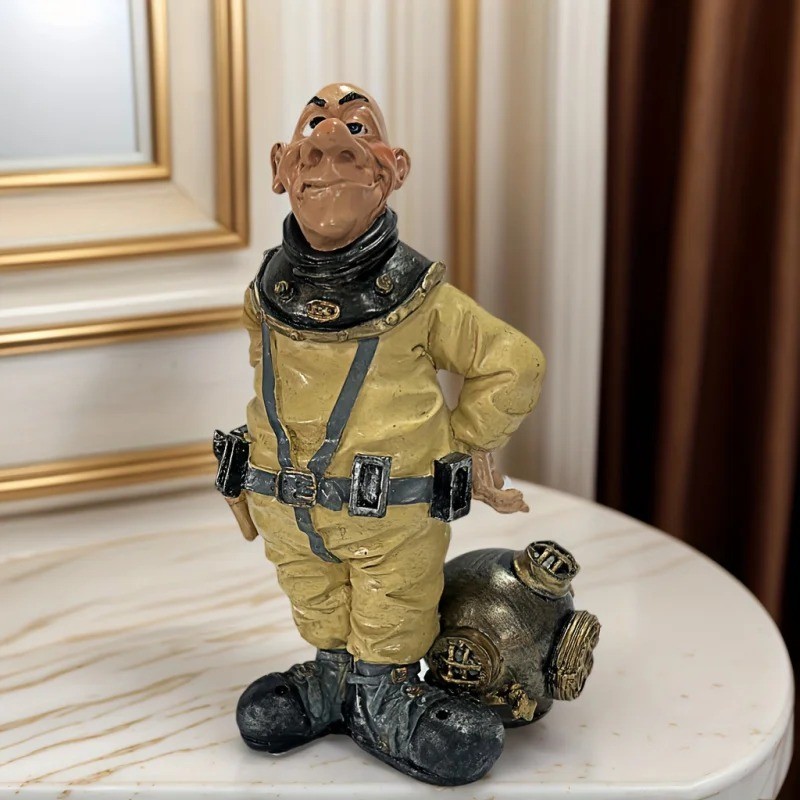 Vintage Diver Statue Handmade Resin Deep Sea Ocean Decor Retro Yellow Black