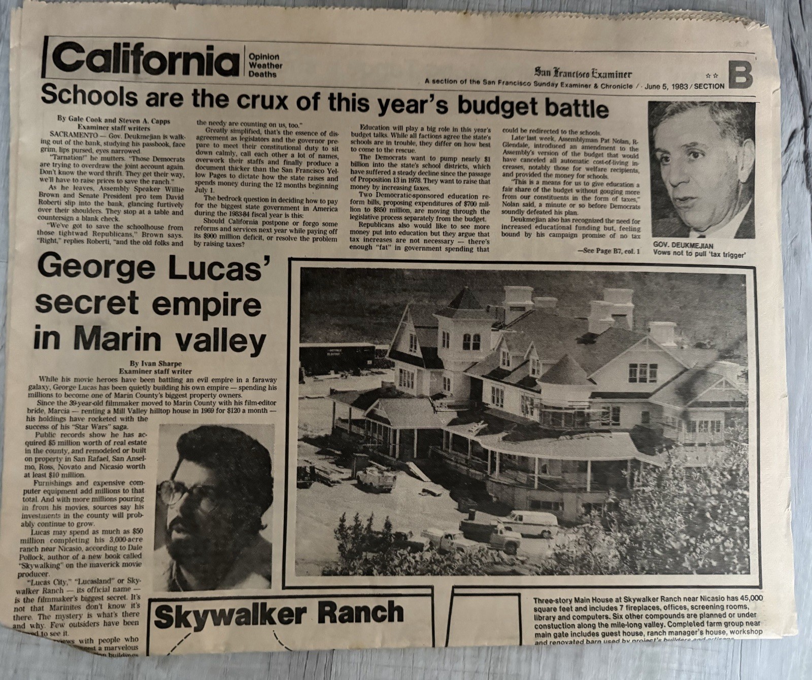 San Francisco Examiner 1983 Article George Lucas’s Skywalker Ranch CA Star Wars