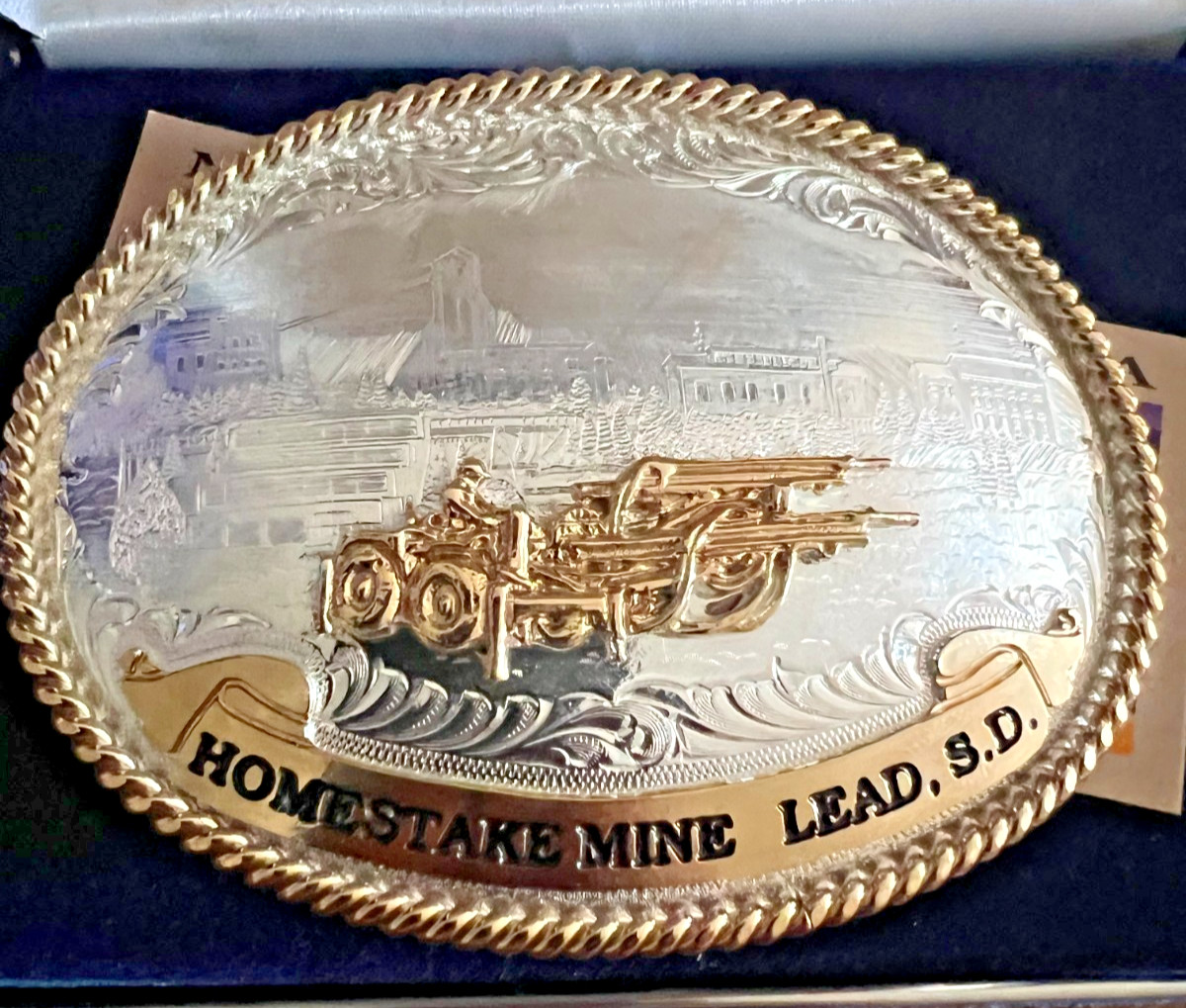 1994 Montana Silversmiths Homestake Mine Safety Award Belt Buckle SD Box
