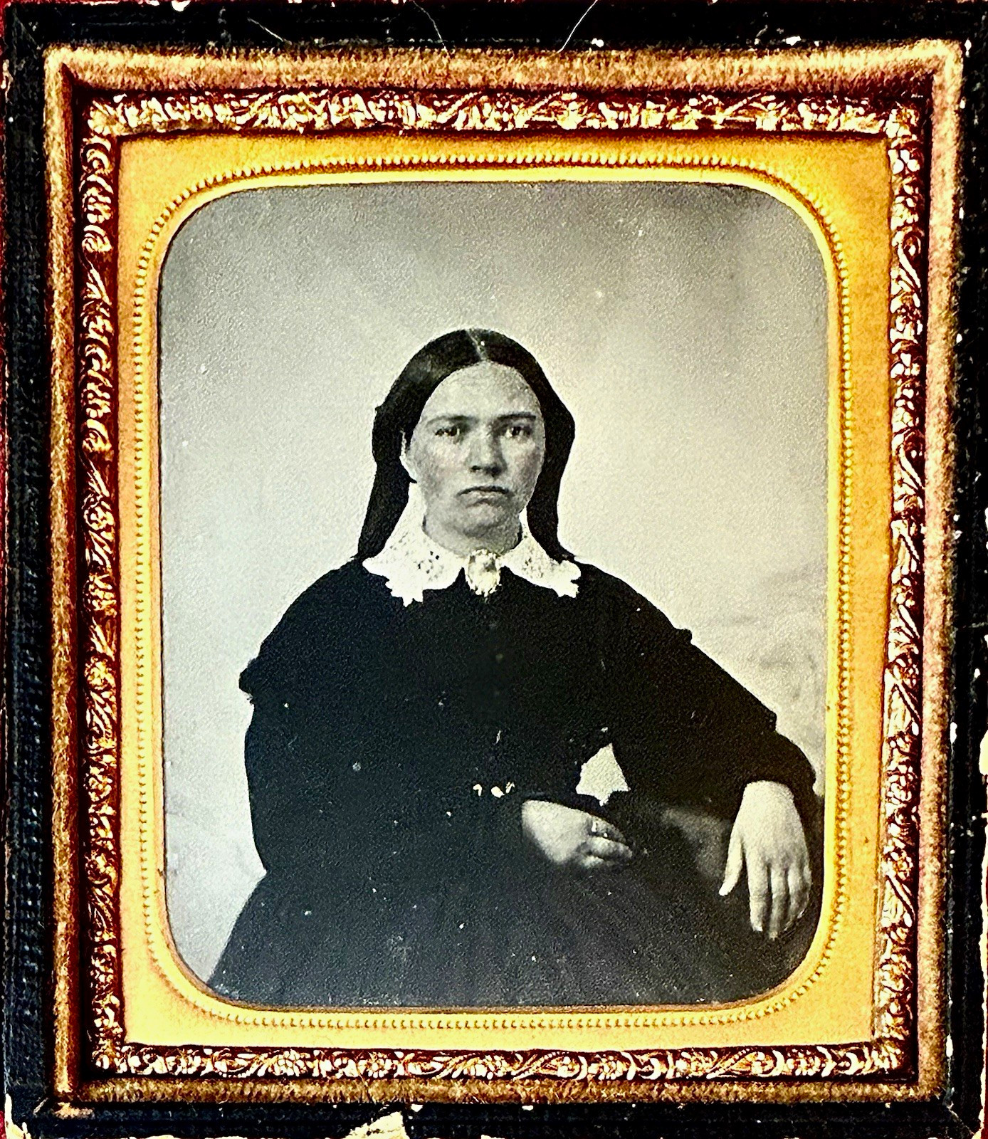 Antique Hand Tinted Tintype Photograph Portrait of Woman in Case B&W c1856-58
