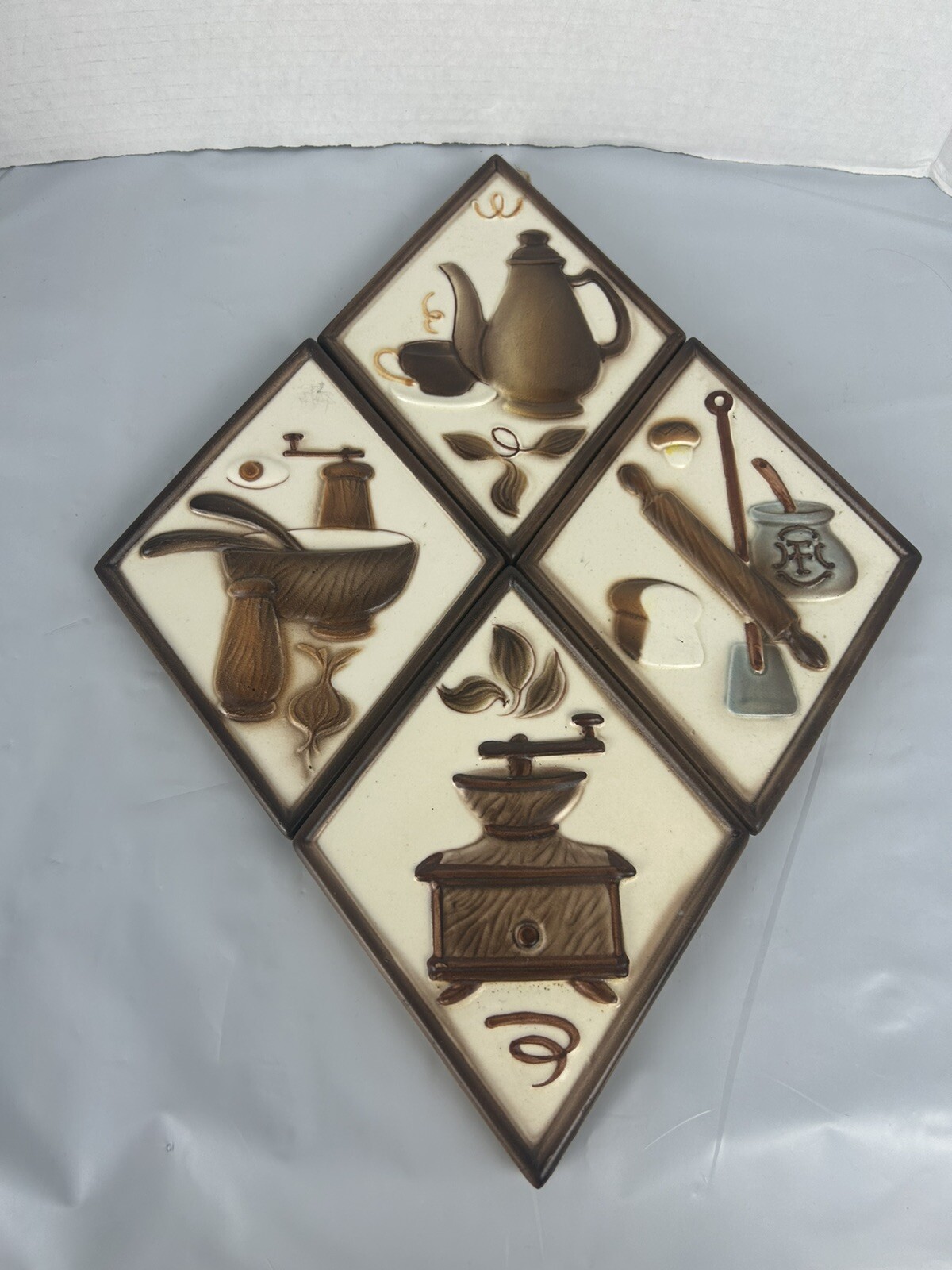Set of 4 Vintage Lefton Hanging Diamond Wall Plaque Retro Kitchen Decor MCM 6x8