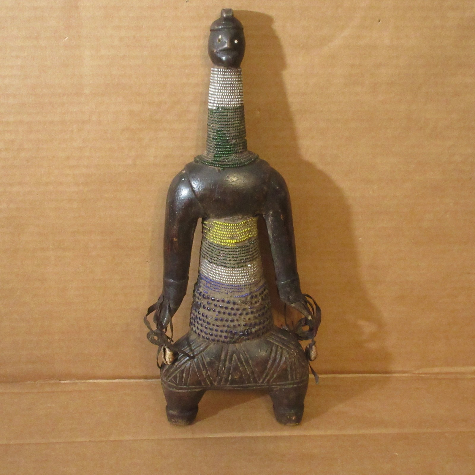 Antique Vtg Namji African Fertility Figure Hand Carved Wood w/Beads Cowrie 15