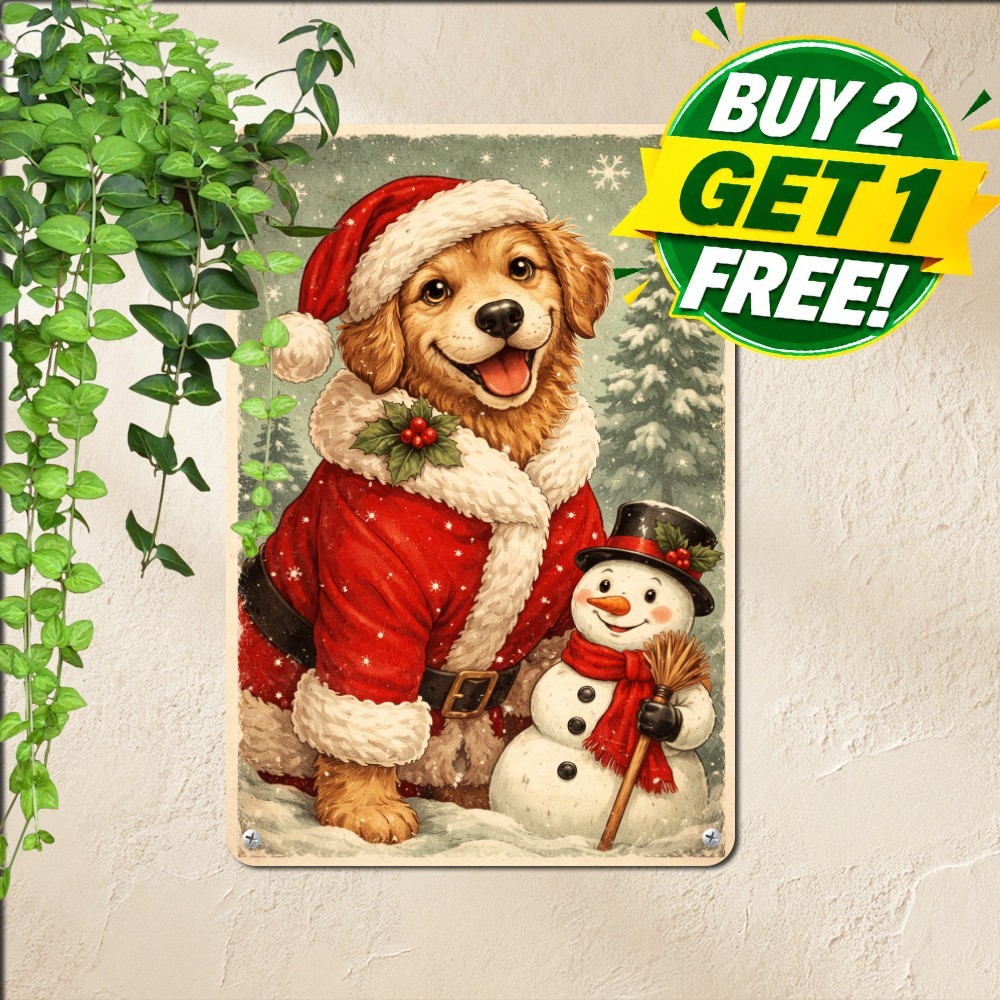 Holiday Reindeer Dog Snowman Winter Scene Sign Festive Christmas Tin Decor