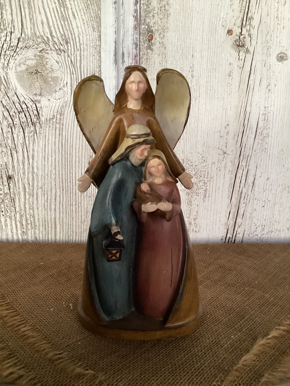 VTG Holy Family with Angel Carved Wooden Sculpture by Transpac 1990 10” 