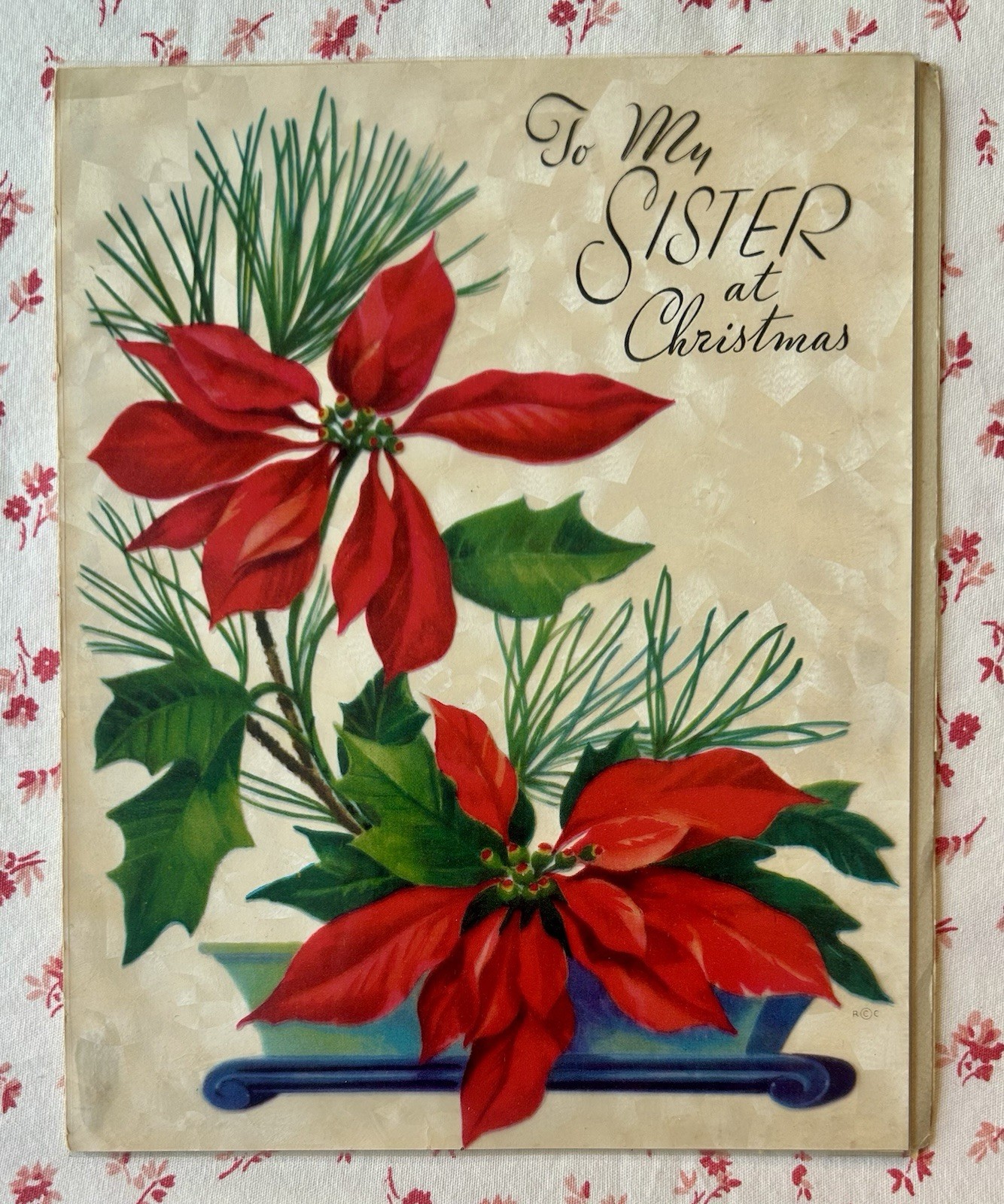 Vintage 1951 UNUSED Christmas Poinsettias Rust Craft Marjorie B. Harter Card