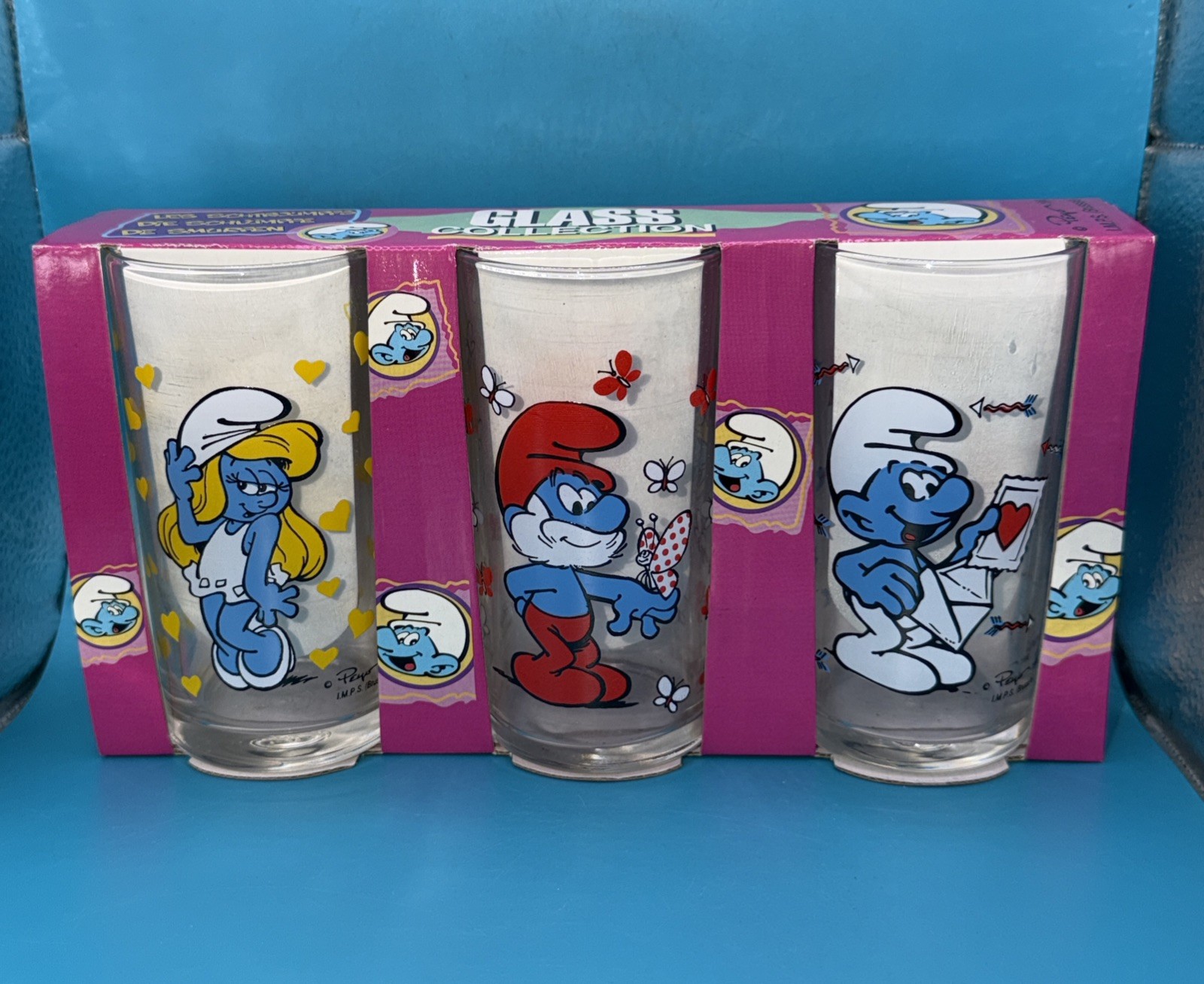 (3) NIB Vintage Smurfs Glass Tumbler Cup Set 1996 Papa Smurf Smurfette Peyo