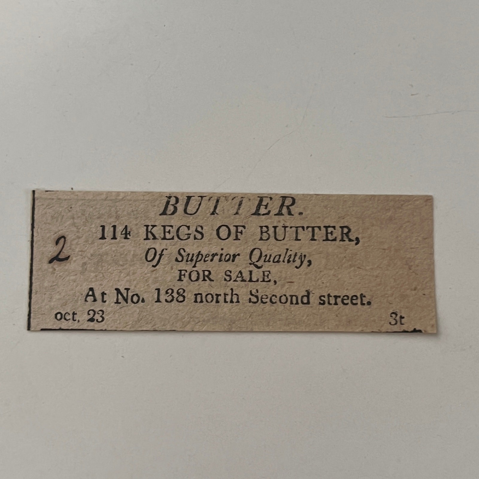 114 Kegs Of Butter For Sale 138 N Second St 1806 Philadelphia Clipping SAJ5-S39