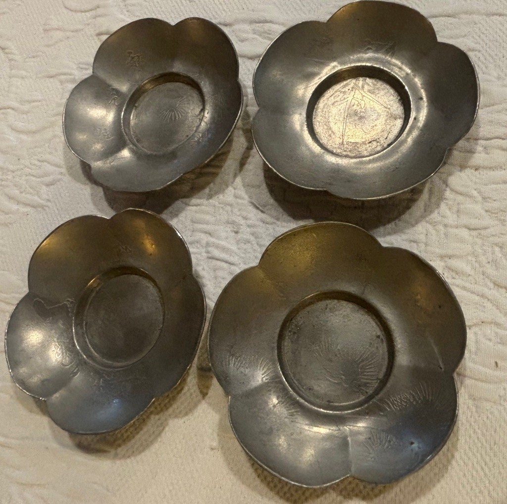 Antique Chinese Pewter Tea Coaster Set 4 pcs Qian Mao Mark Plum Blossom Dishes