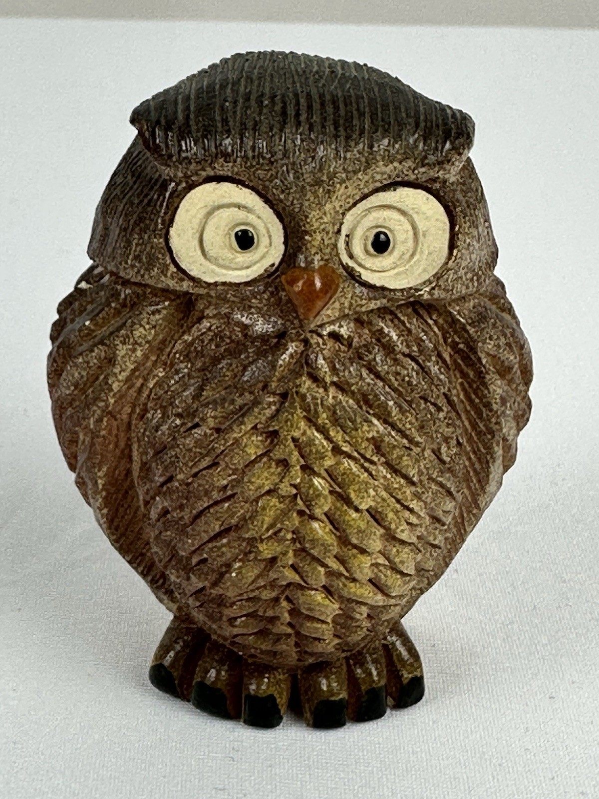 Vintage Owl Figurine Resin Brown Hand Painted Look Wide Eyes 3” Tall Cute Decor