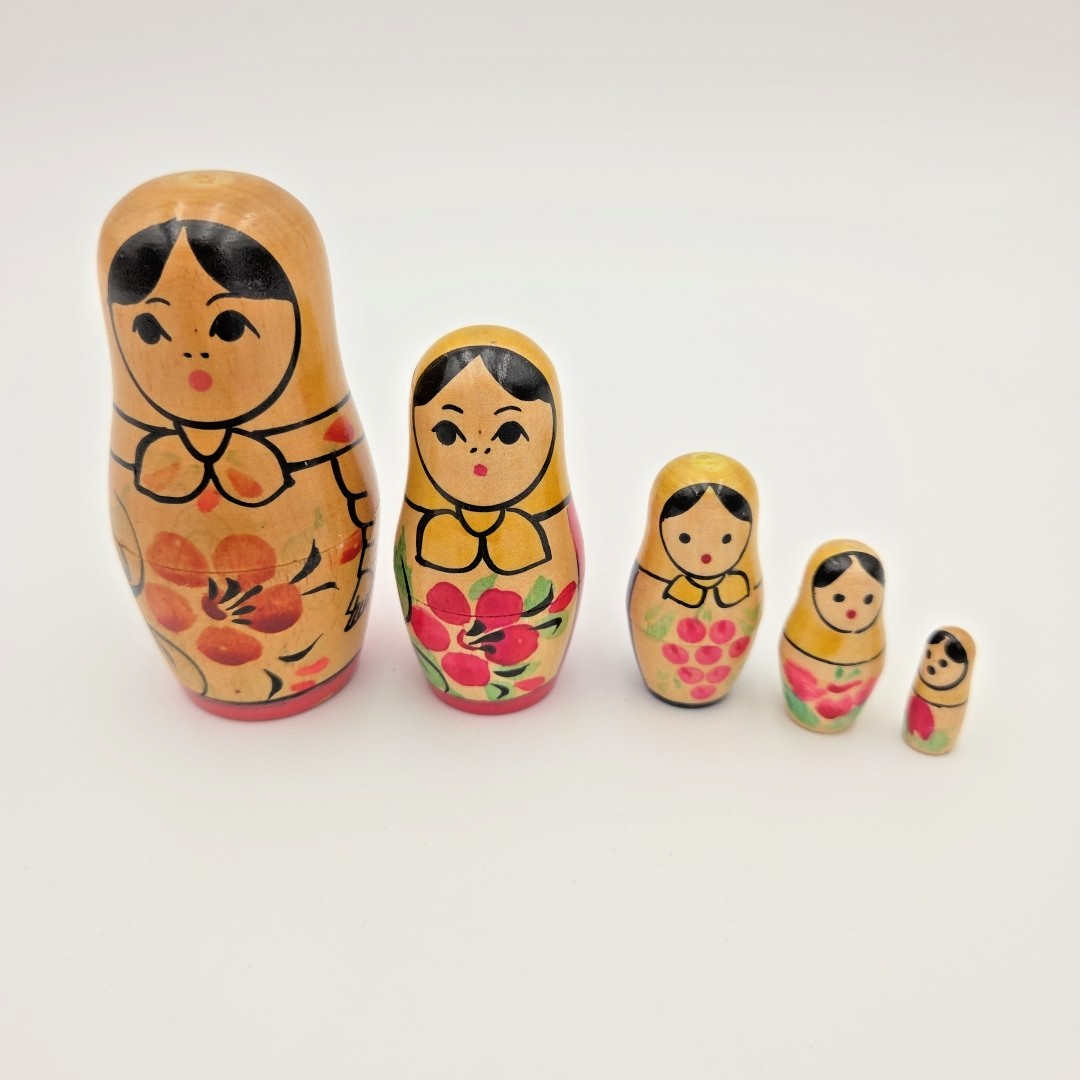 Vintage Russian Matryoshka Nesting Dolls Wooden Stacking Hand Painted Set of 5