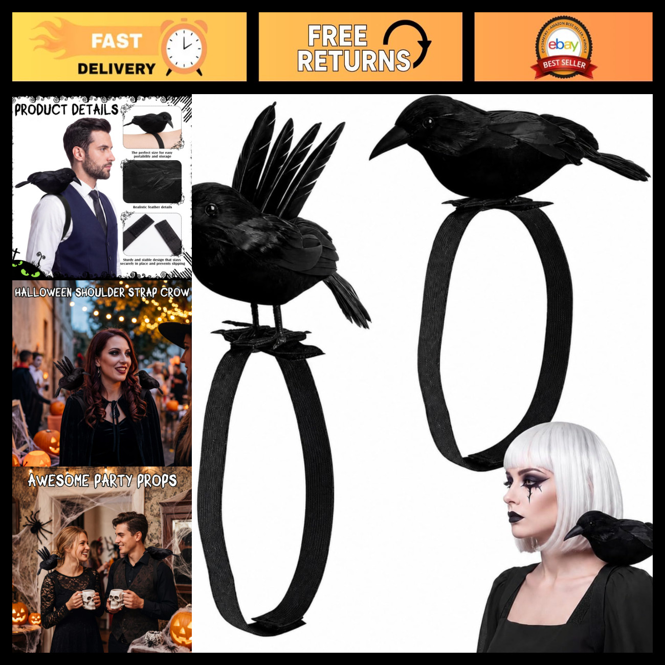 Halloween Crow Shoulder Strap - 2 Pcs Black Feather Raven Bird Costume Prop