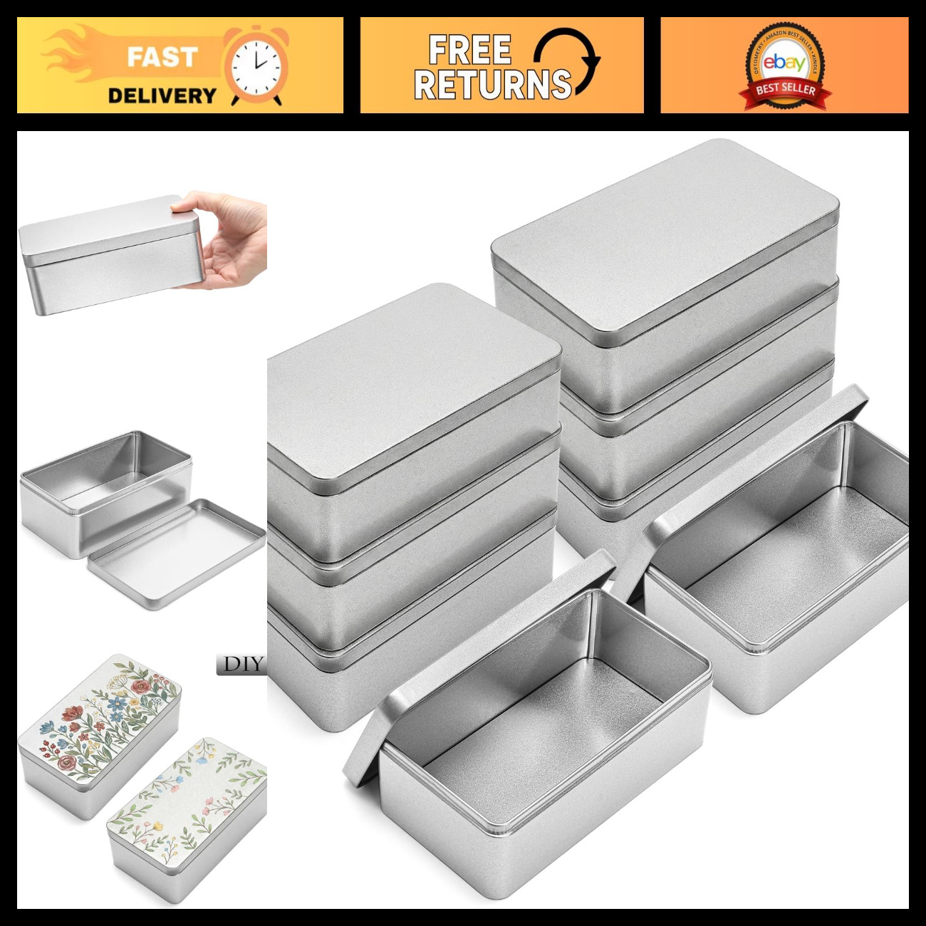 8 Pack Silver Rectangular Metal Tin Boxes with Lids - 7x3.9x2.4\