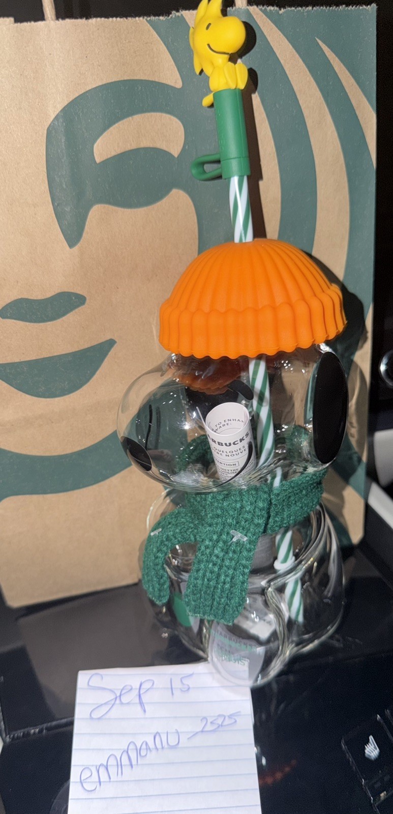 US SELLER/AUTHENTIC -  Starbucks X Peanuts Snoopy Glass Coldcup 20oz in hand NWT
