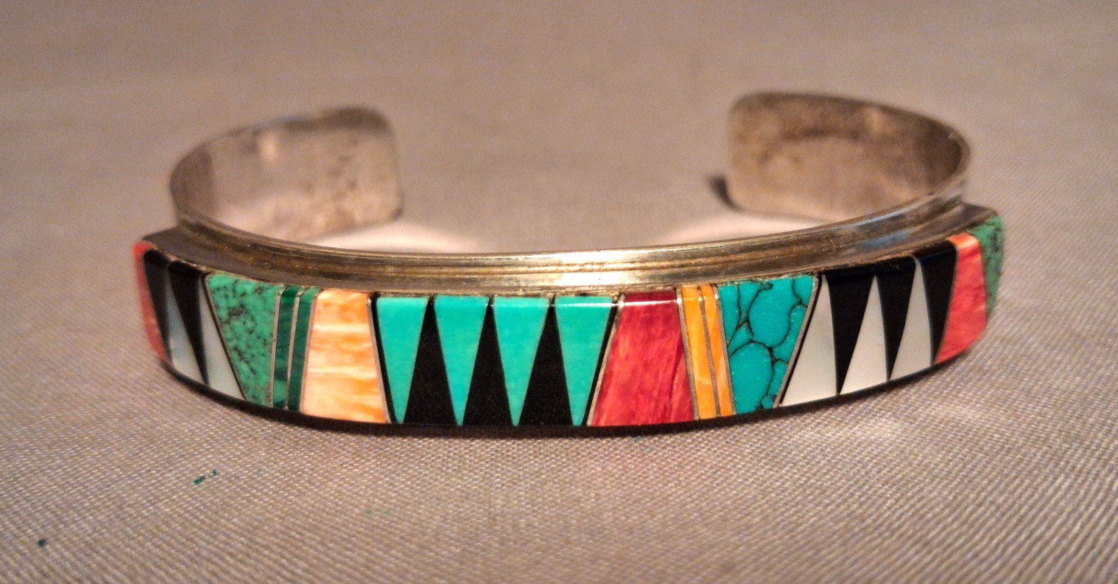 Vintage Zuni Sterling Silver Geometric Channel Inlay Cuff Signed LoLo