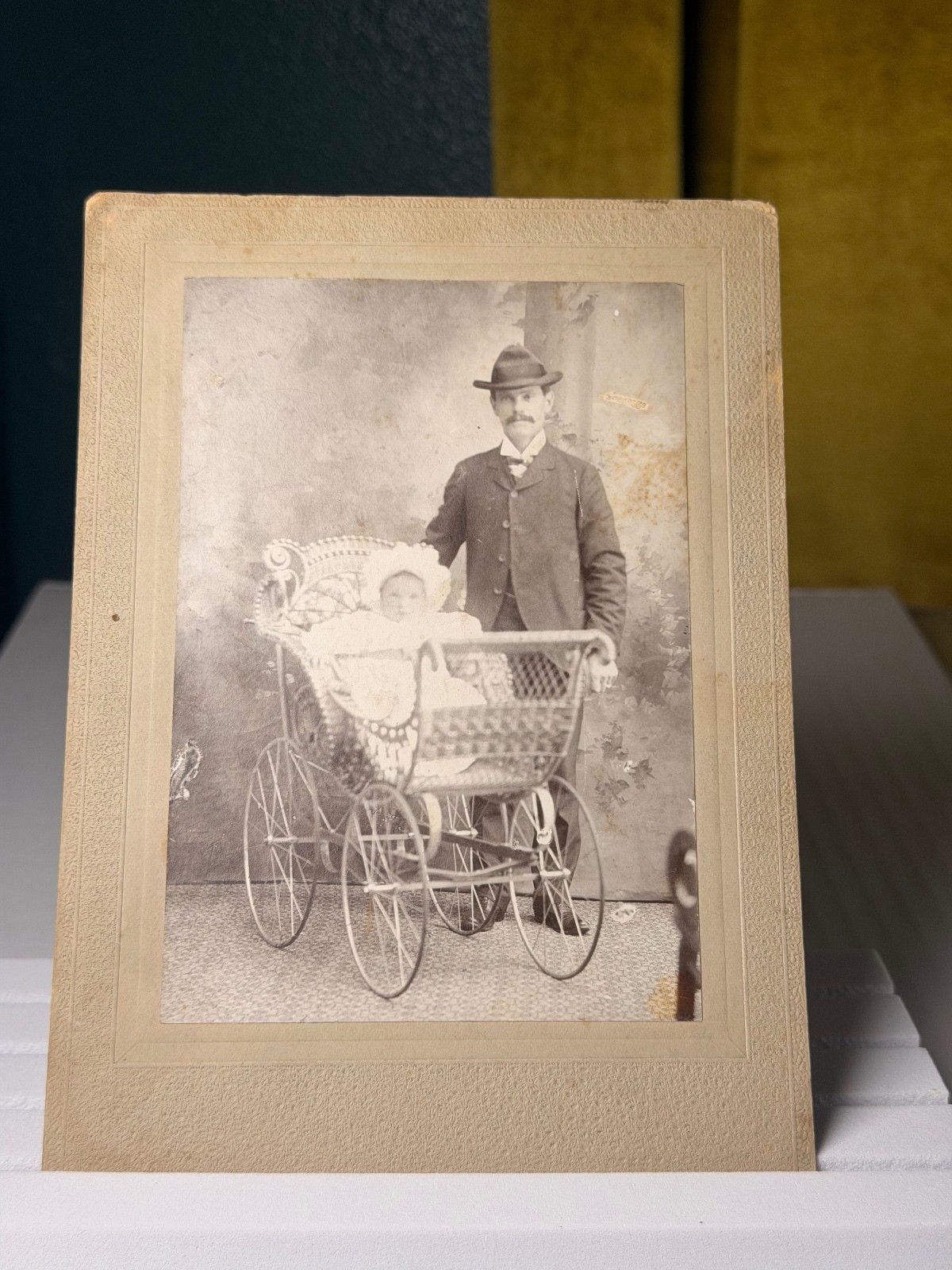 Antique 1890s Cabinet Card Photo Father Baby Victorian Wicker Carriage Pram