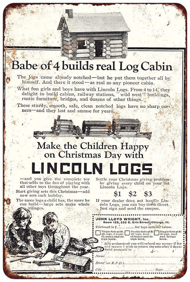 1924 Lincoln Logs for Christmas - Vintage Look Reproduction metal sign