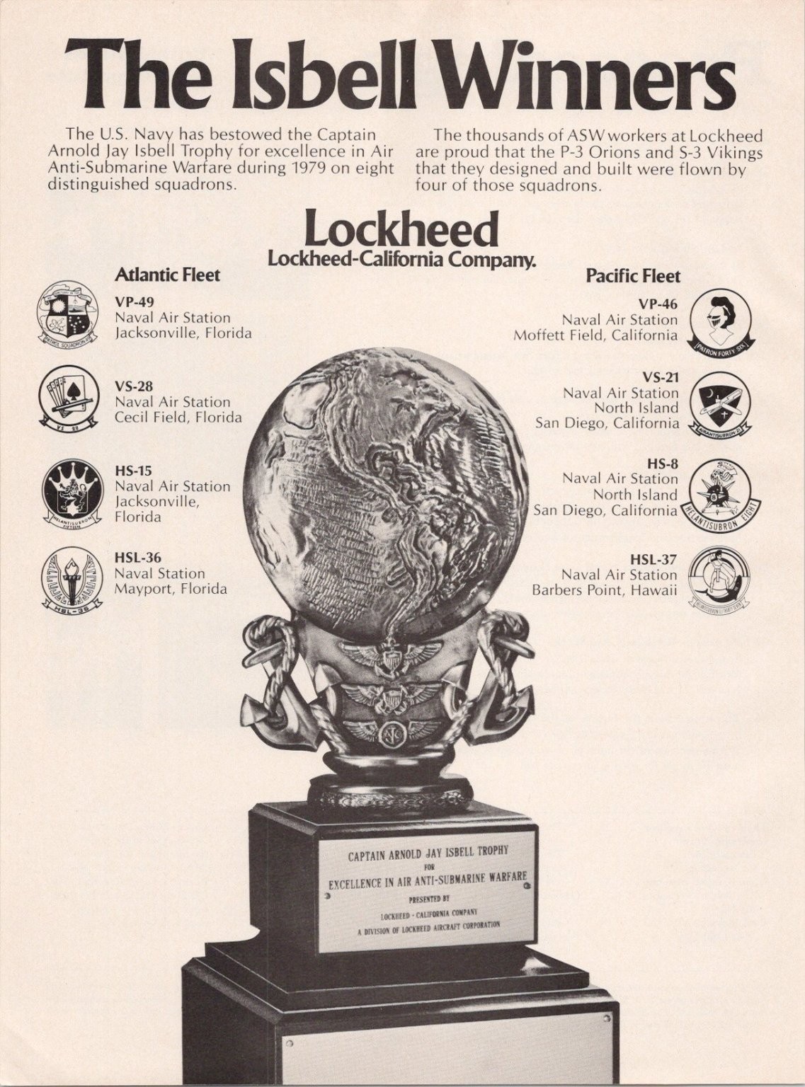 Lockheed 1980 US Navy Isbell Trophy P-3 Orion S-3 Viking Vintage Print Ad