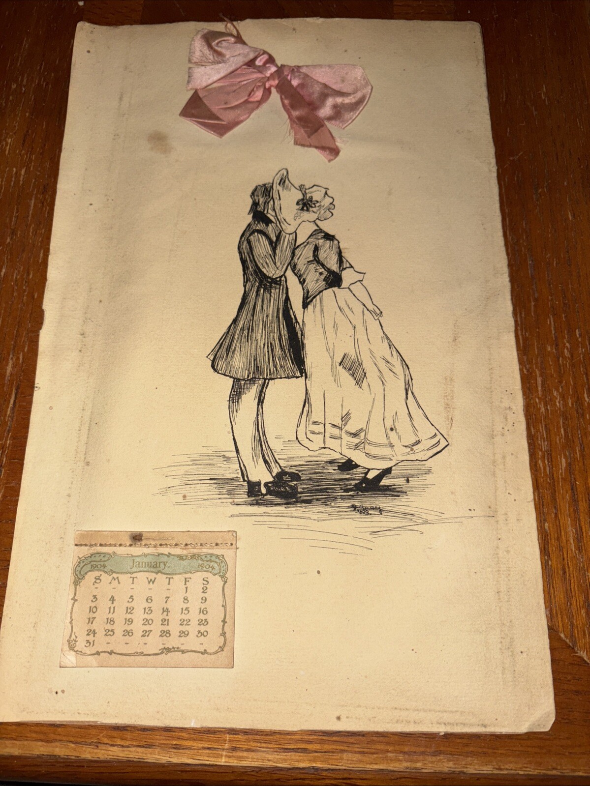 Antique 1904 Calendar with Print with Colonial Debutante Kissing Suitor
