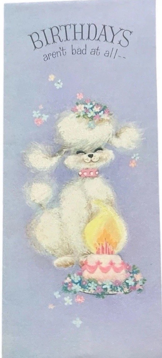 Vtg 60s French Poodle Glitter Birthday Card Unused Sweet Dog Hallmark Lilac Rare