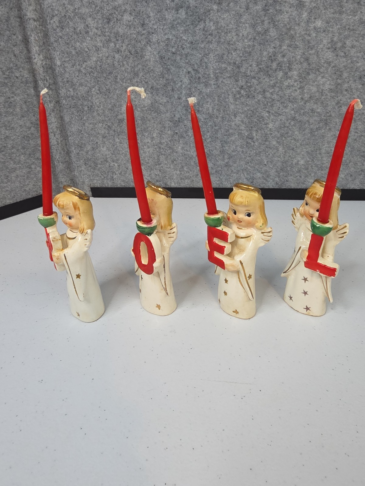 VTG NOEL Angel Candle Holders Ceramic Japan 4pc Commodore Hand Painted Christmas
