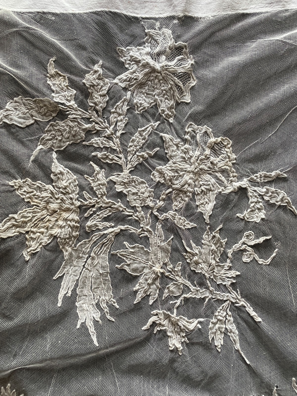 Antique French Tambour Hand Embroidered White Silk Thread Flowers Apron c1905