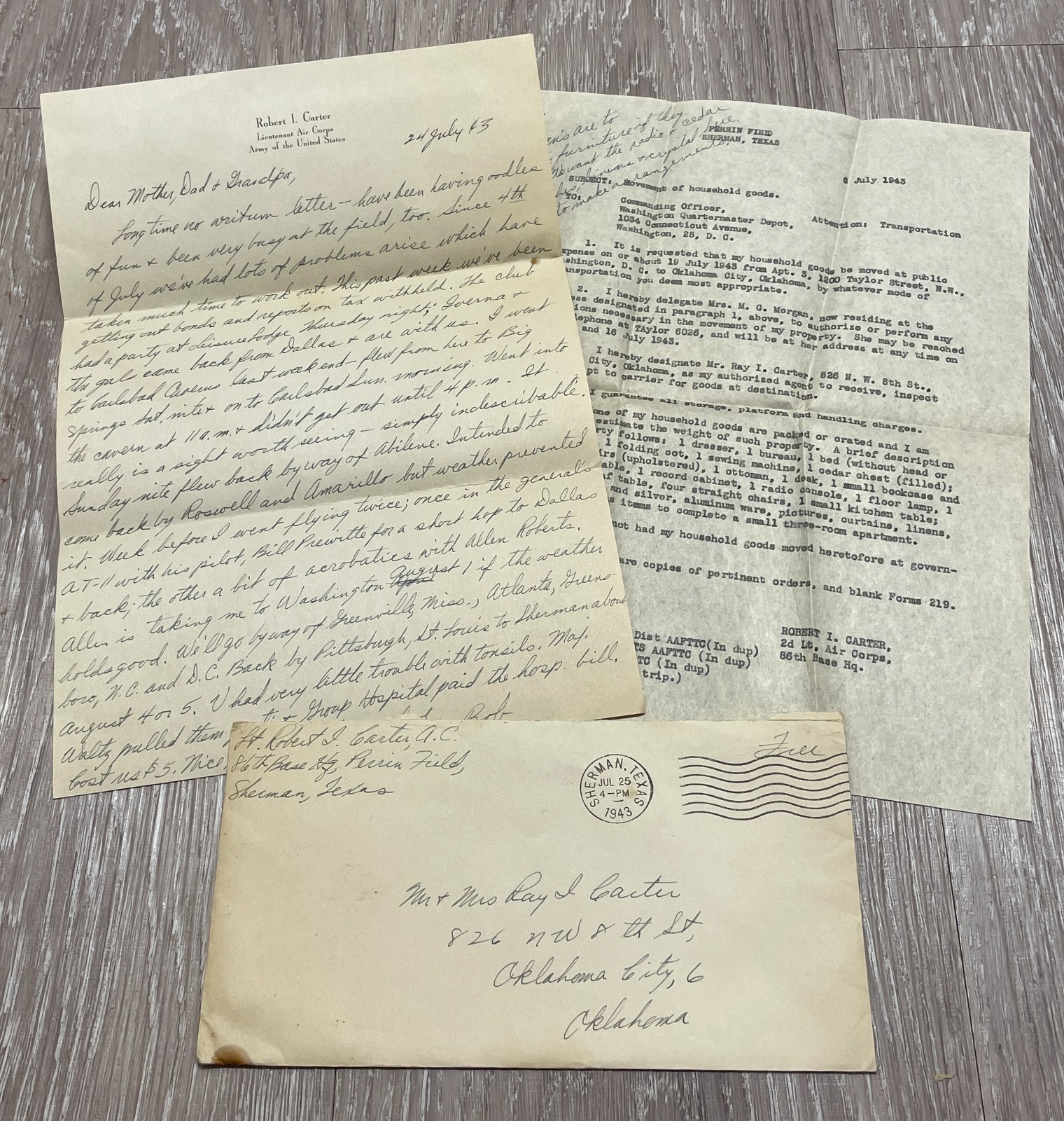 WWII Army Air Corps Lt Robert I Carter Perrin Field TX Carlsbad Caverns Letter