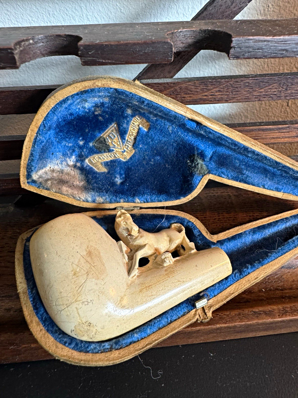 Antique WDC William Demuth Carved Stallion Meerschaum Tobacco Pipe Original Case