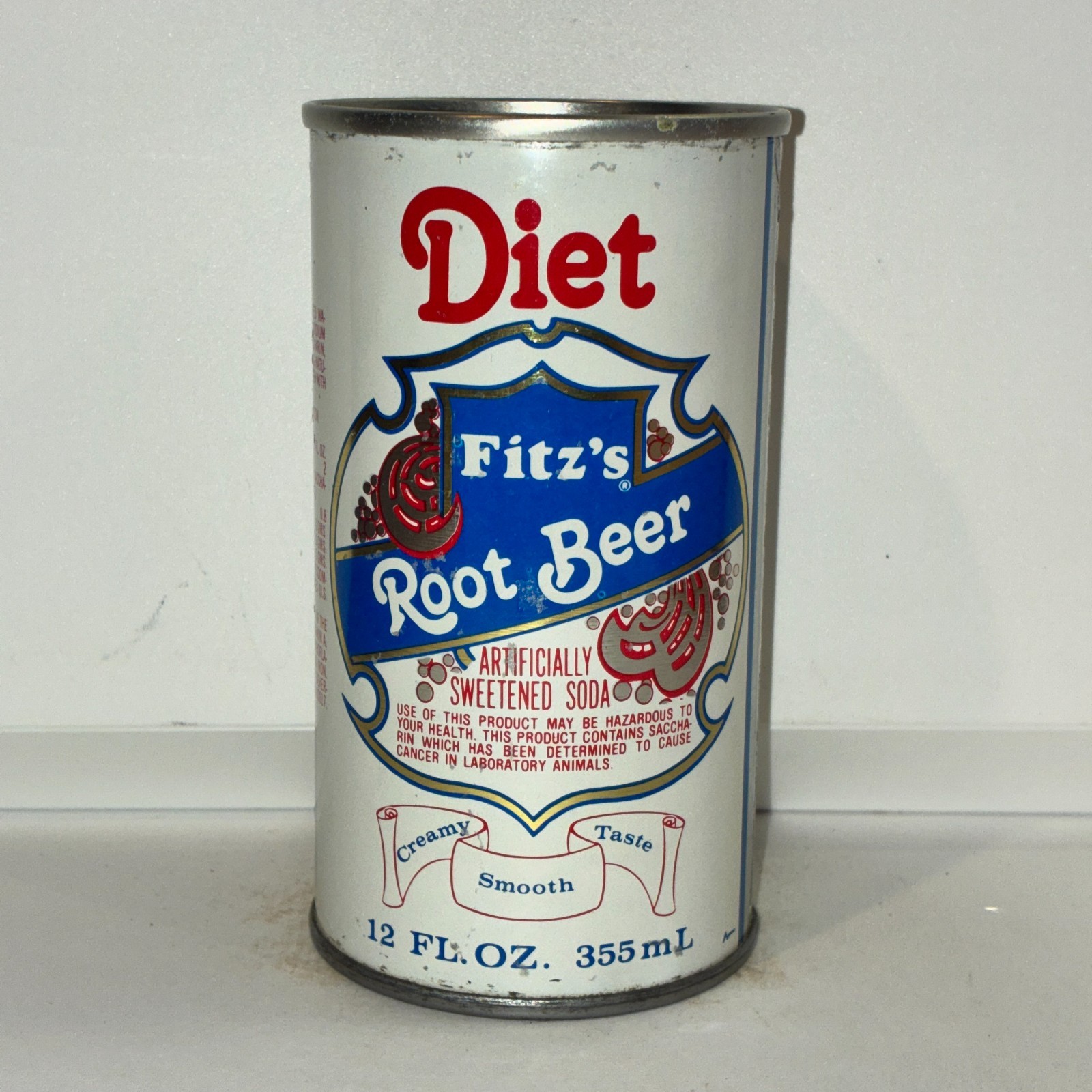 1970's Diet Fitz's Root Beer soda can, bottom opened, adhesive residue