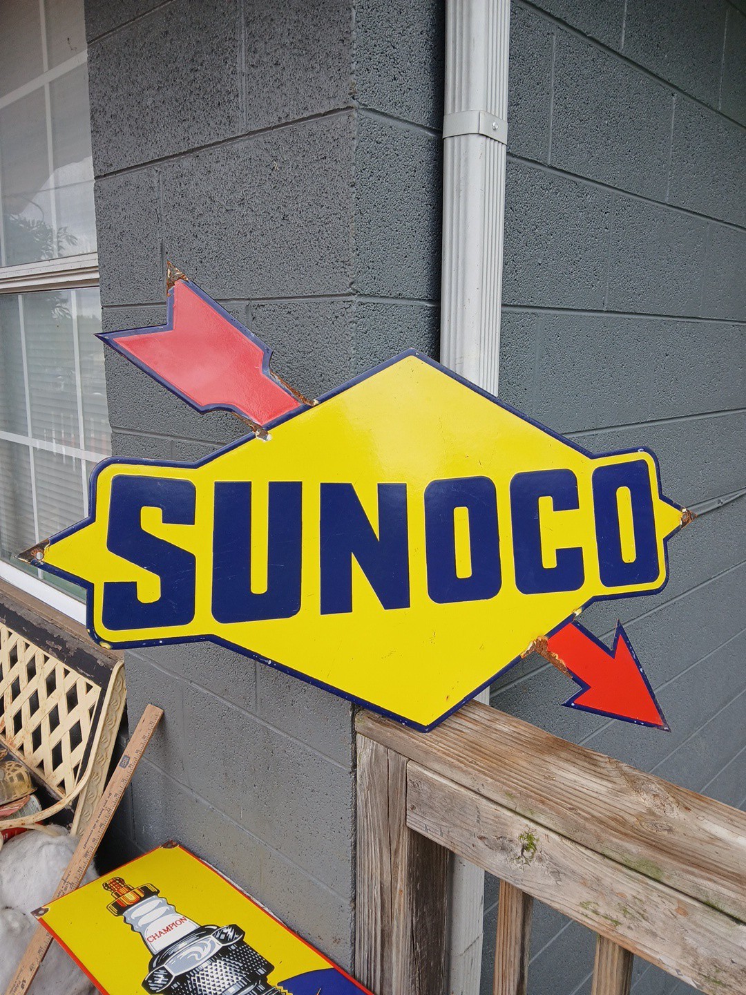 VINTAGE LARGE RARE SUNOCO GASOLINE ARROW 3FT PORCELAIN METAL SIGN AUTOMOBILE 