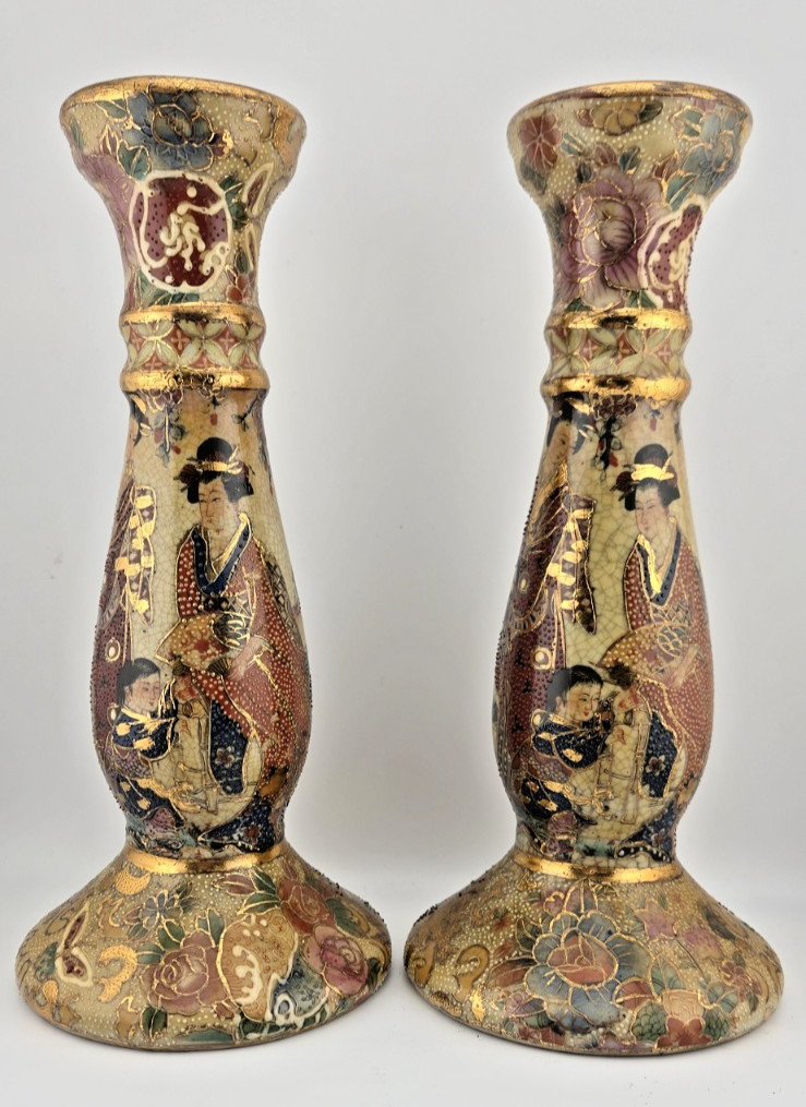 Vintage Pair Satsuma Style Candlestick Holders Geisha Moriage Gold Japanese 9.5
