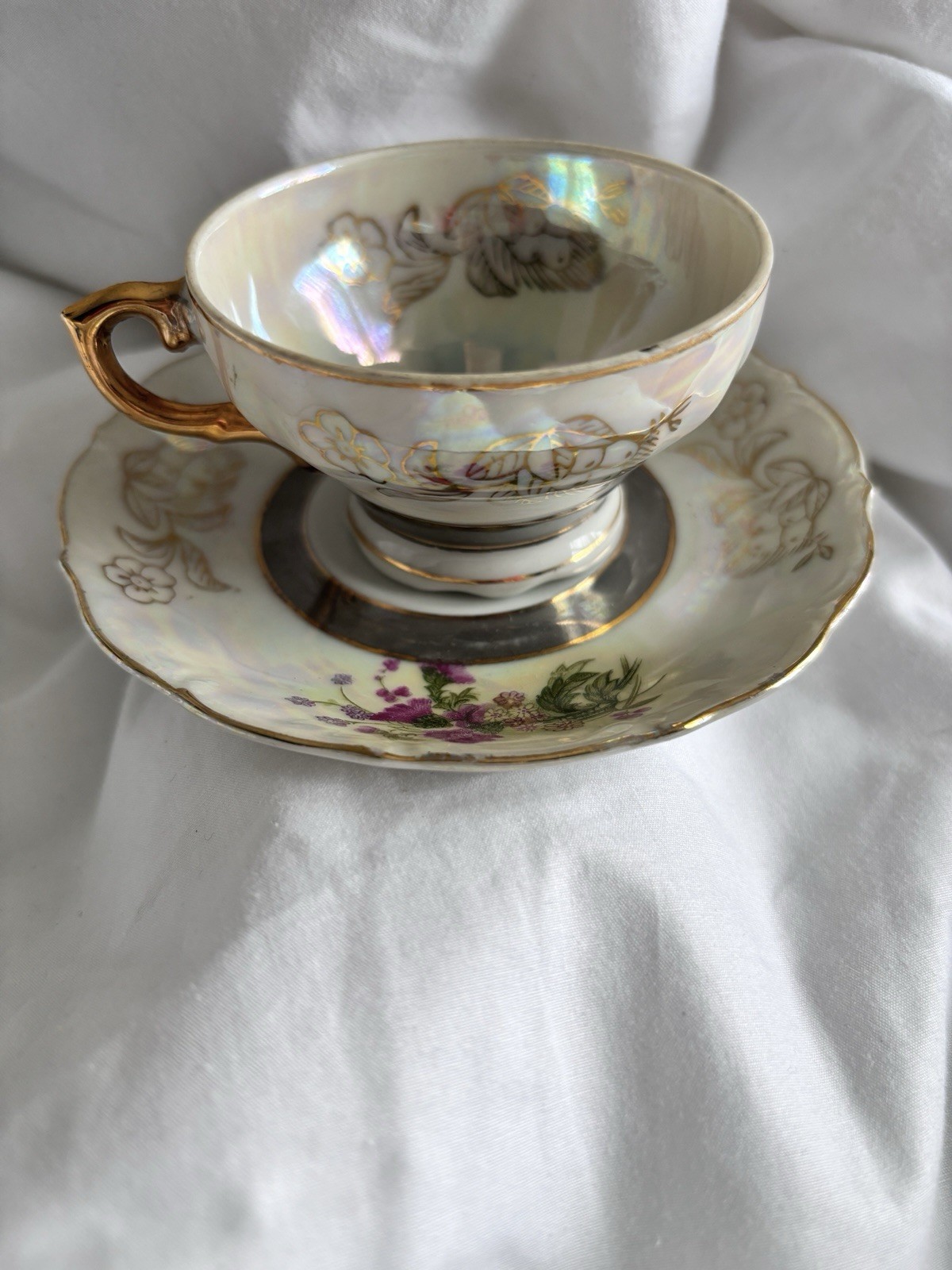 VTG Possibly Royal Halsey Fine Porcelain Floral Red Green Silver Rim Gold 2”
