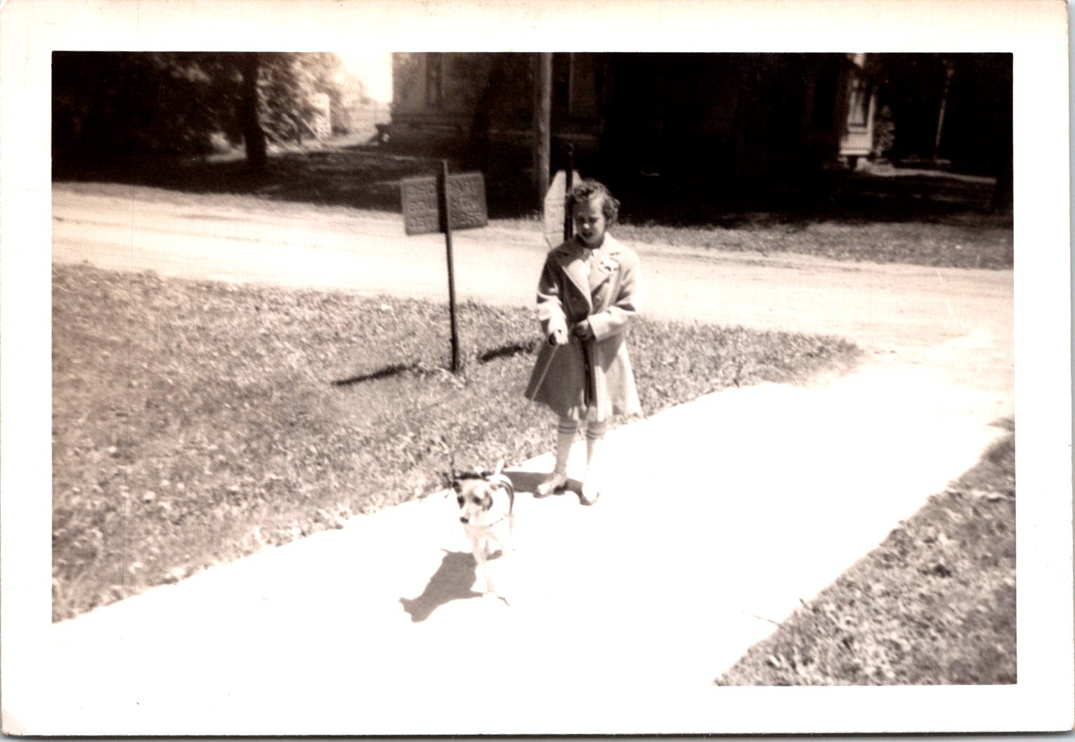 Young Girl Walking Small Dog, 1940s Vintage B&W Snapshot Photo