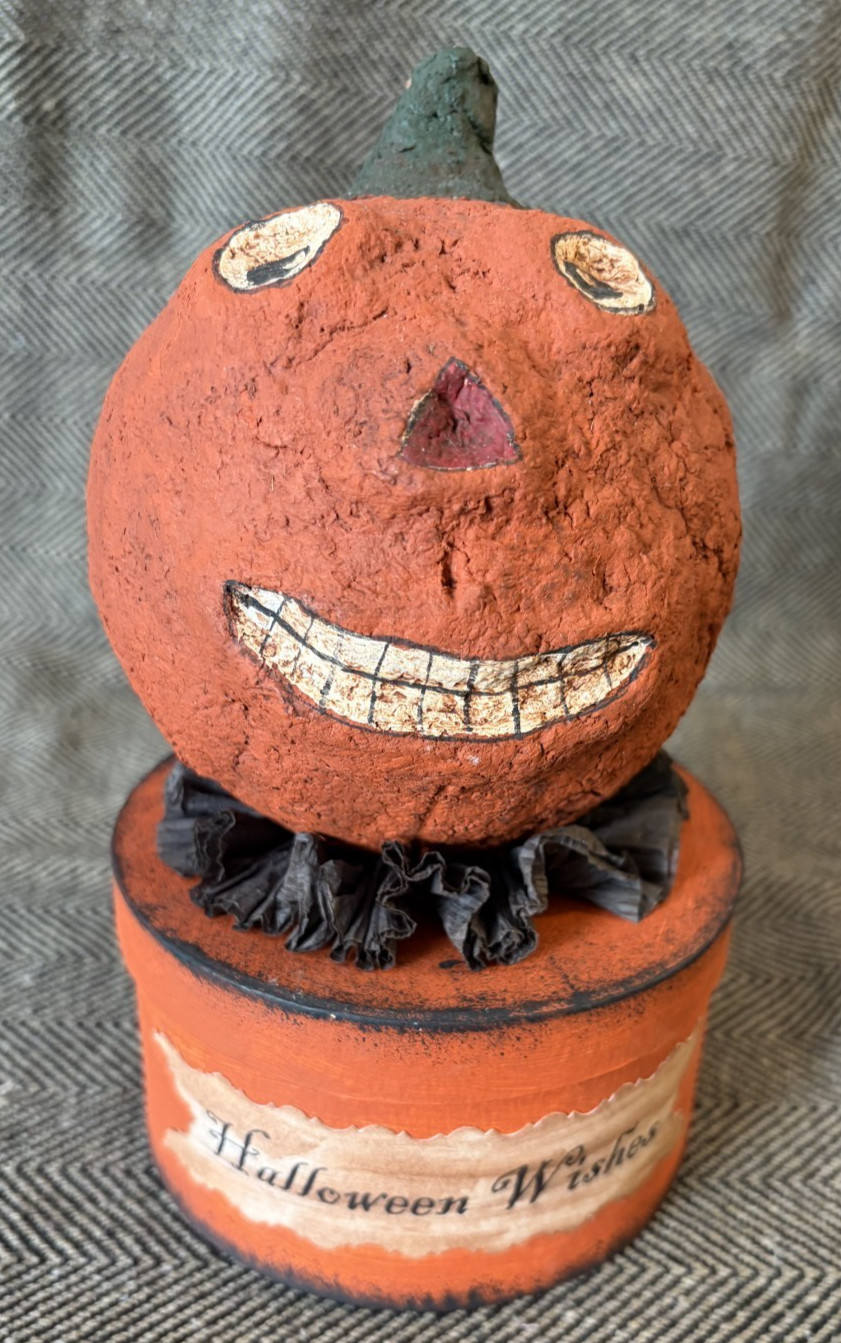 Vintage Primitive Folk Art Grinning Jack O Lantern Box Halloween Decor