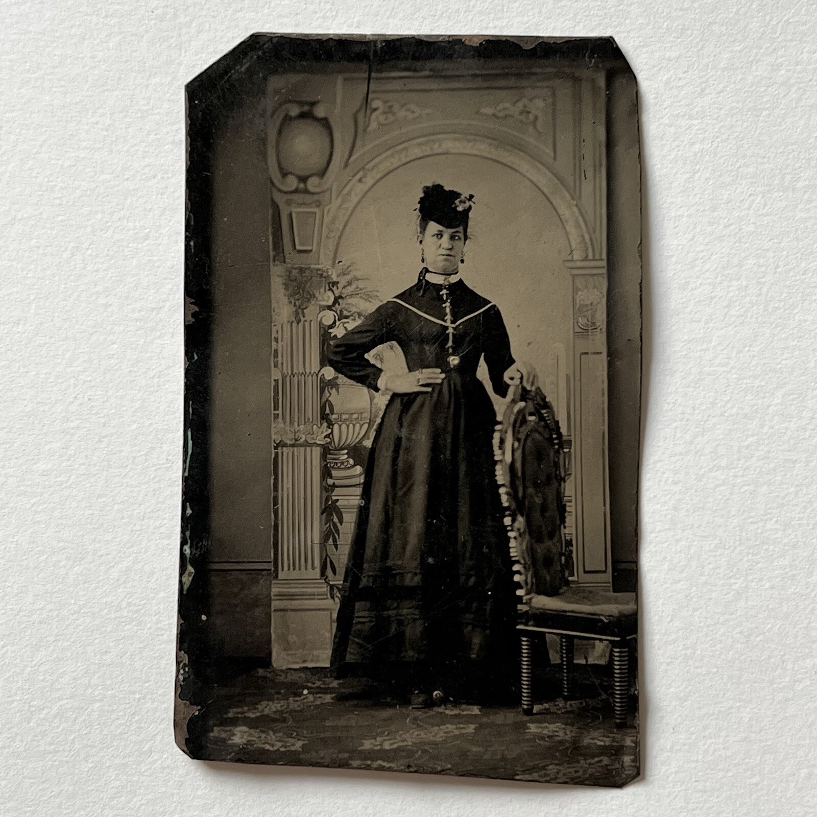 Antique Tintype Photograph Lovely Woman Fantastic Dress & Hat Hand On Hip