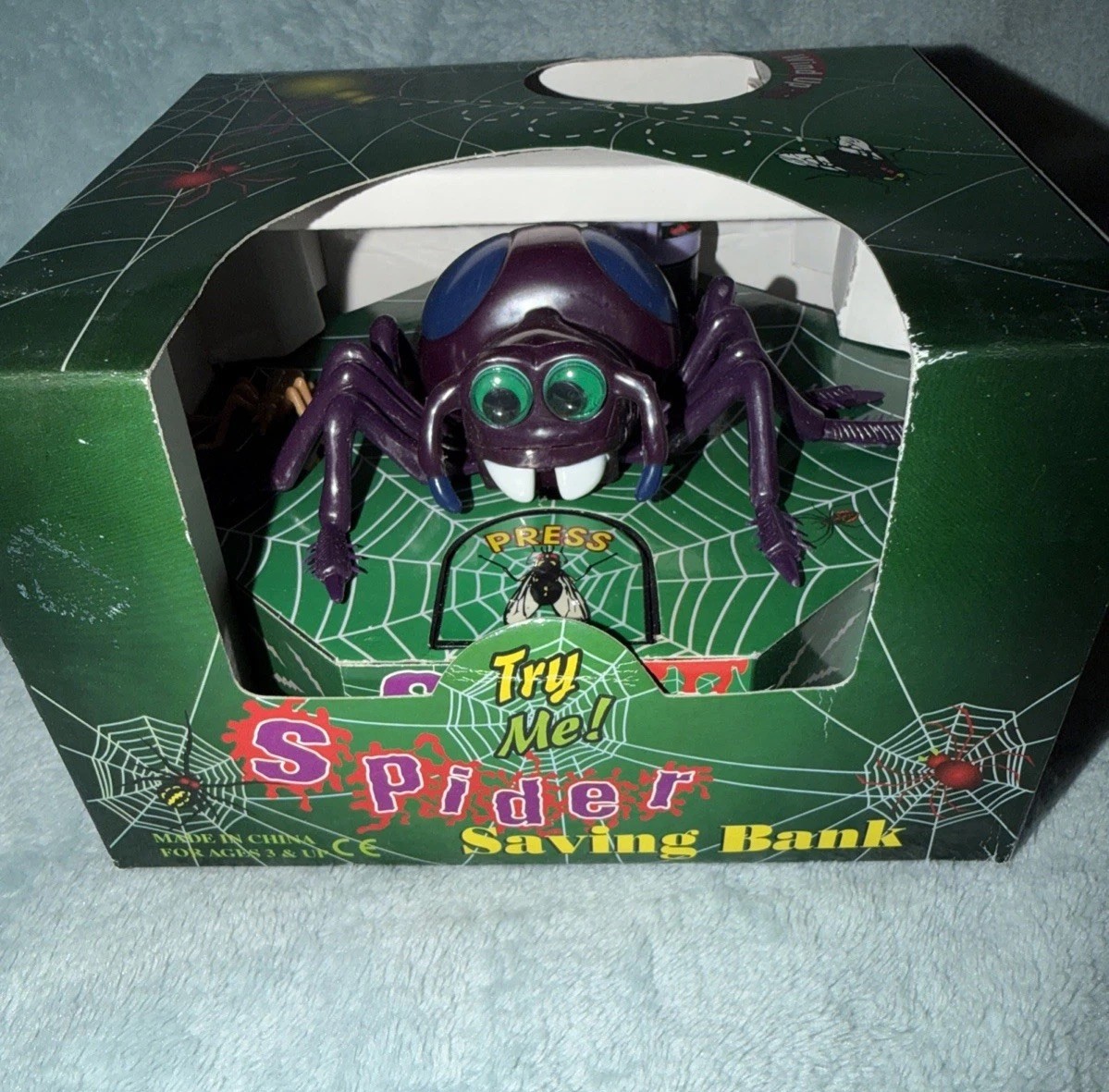 Vintage Purple Wind Up Spider Bank ~ Tested & Works. New W/Box NOS Halloween