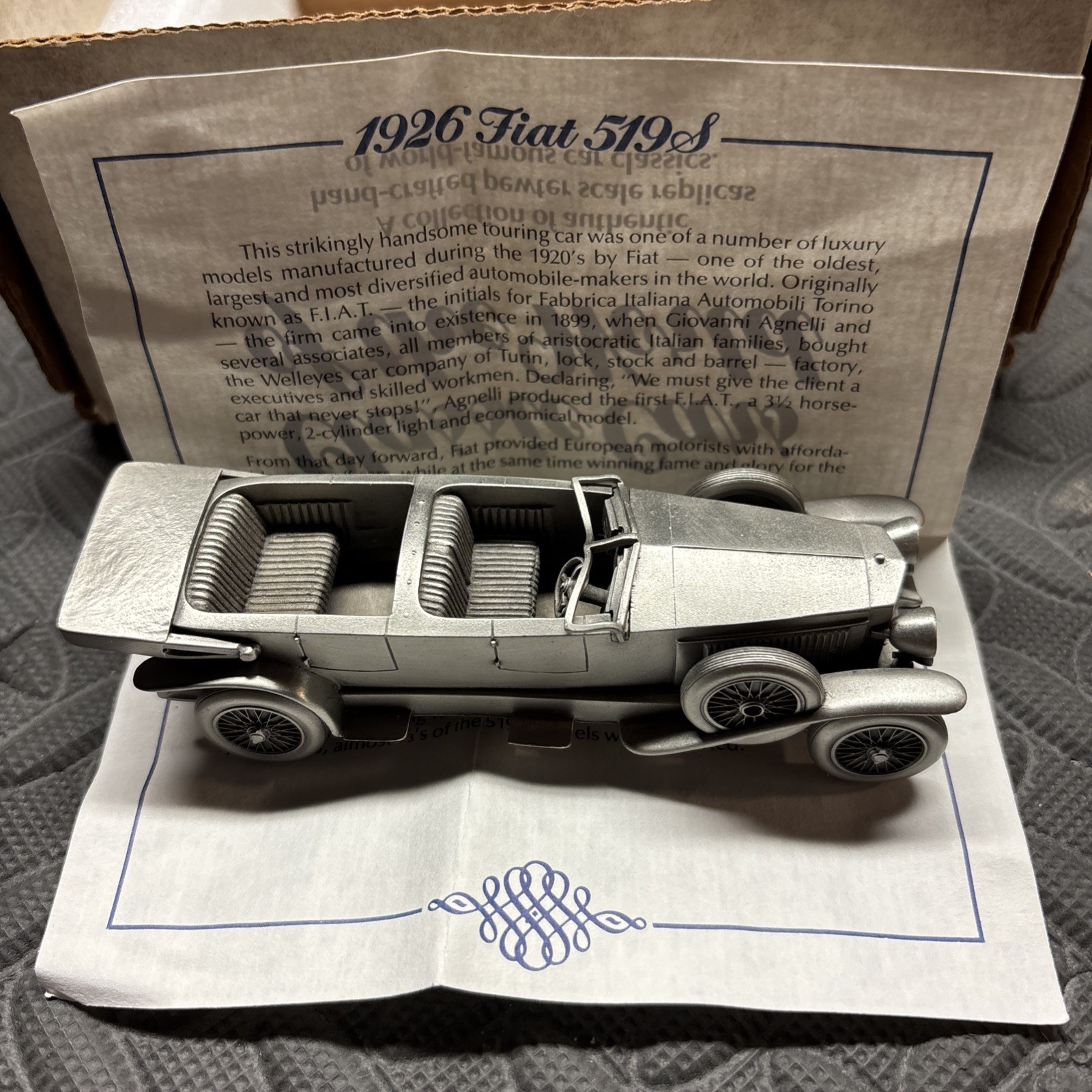 Danbury Mint Pewter Car 1926 Fiat 519S, with box and certificate.