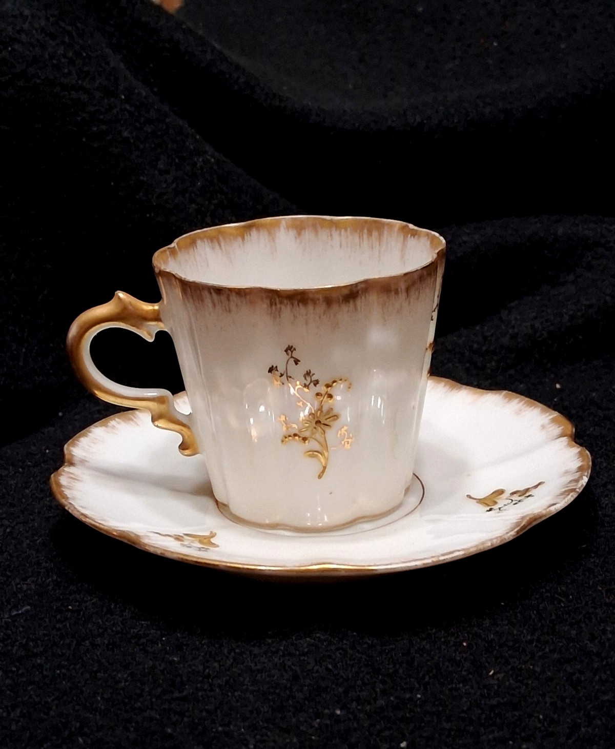 ANTQ. Elite Works SM Limoges France Gold Floral Gilt Teacup & Saucer  1896-1901