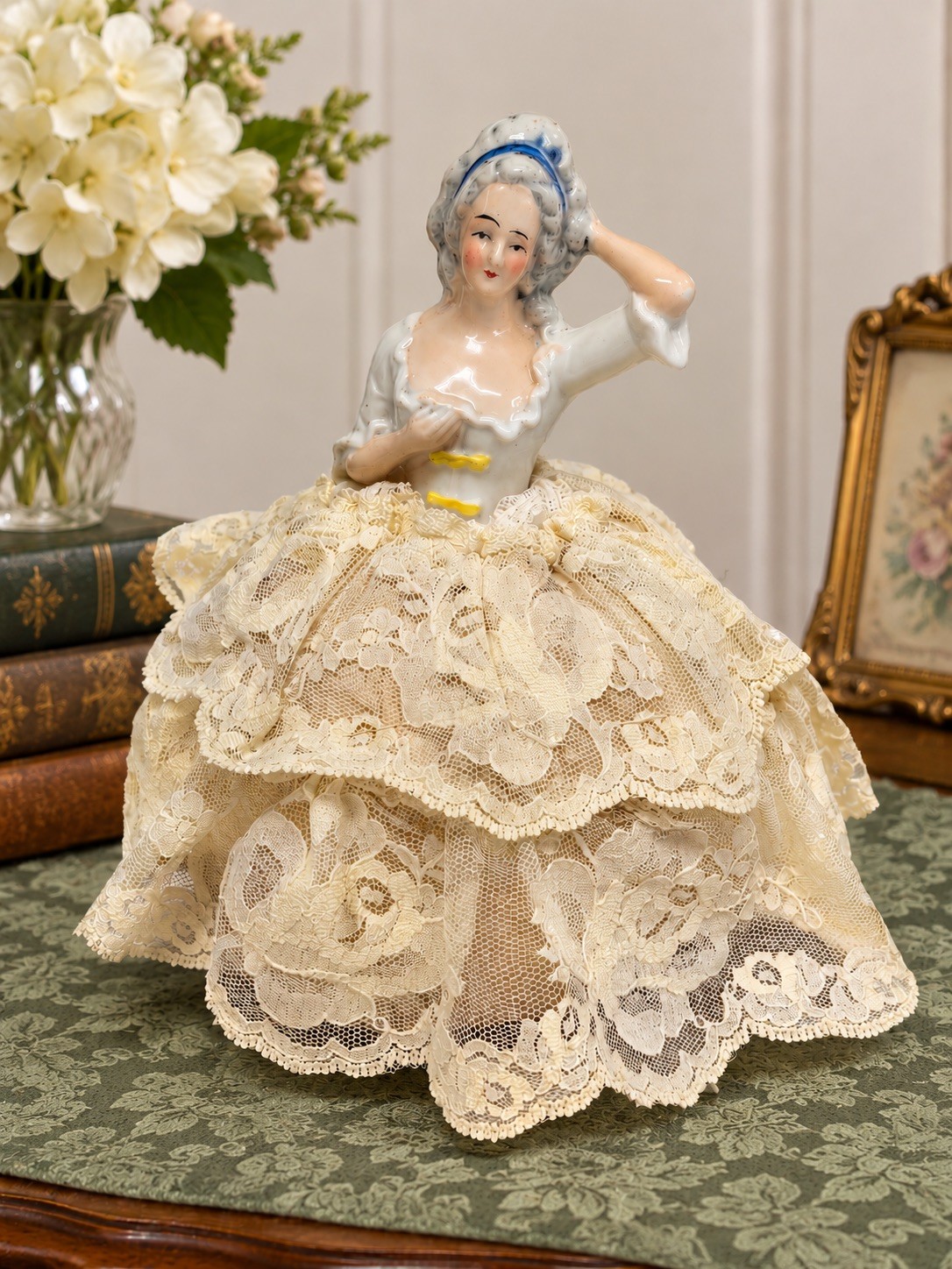 ANTIQUE GERMAN HALF DOLL SEWING PIN CUSHION VTG Marie Antoinette art deco  