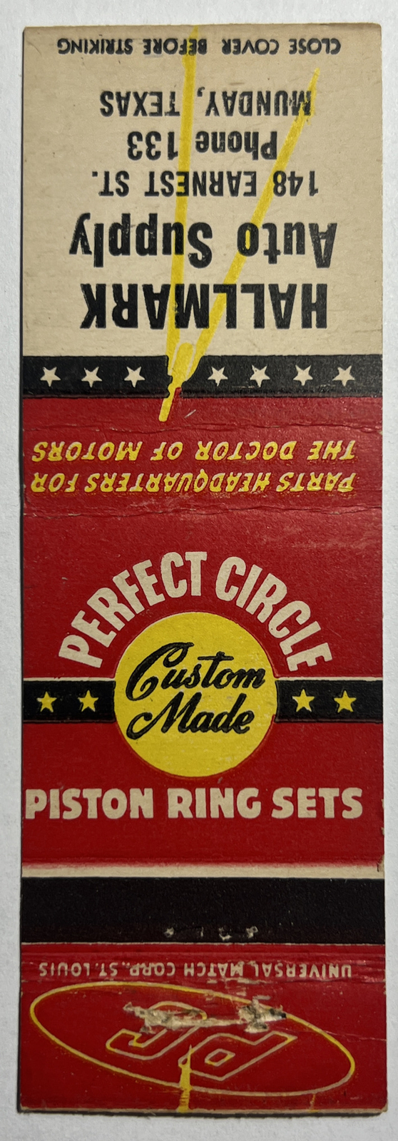 Matchbook Cover Hallmark Auto Supply Perfect Circle Piston Ring  Munday, Texas