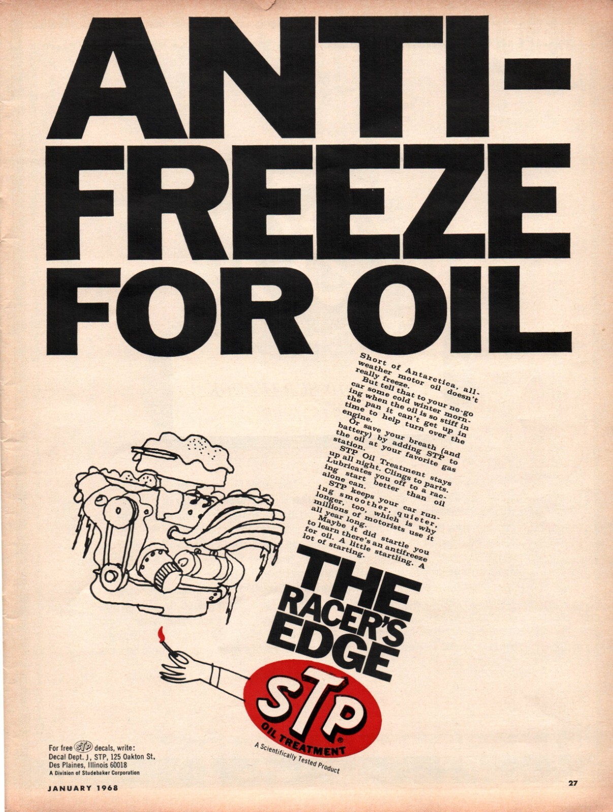 Vintage Print Ad 1968 STP Anti Freeze The Racer\'s Edge