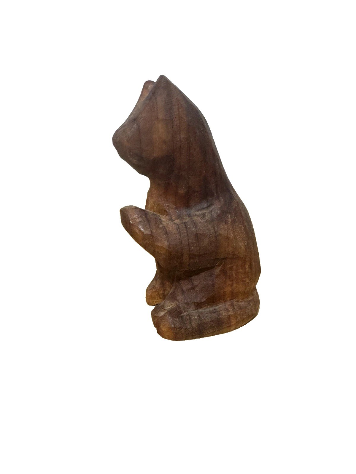 Vintage Cat Figurine Hand Carved Wooden Kitty Mid Century Paw Up Sitting