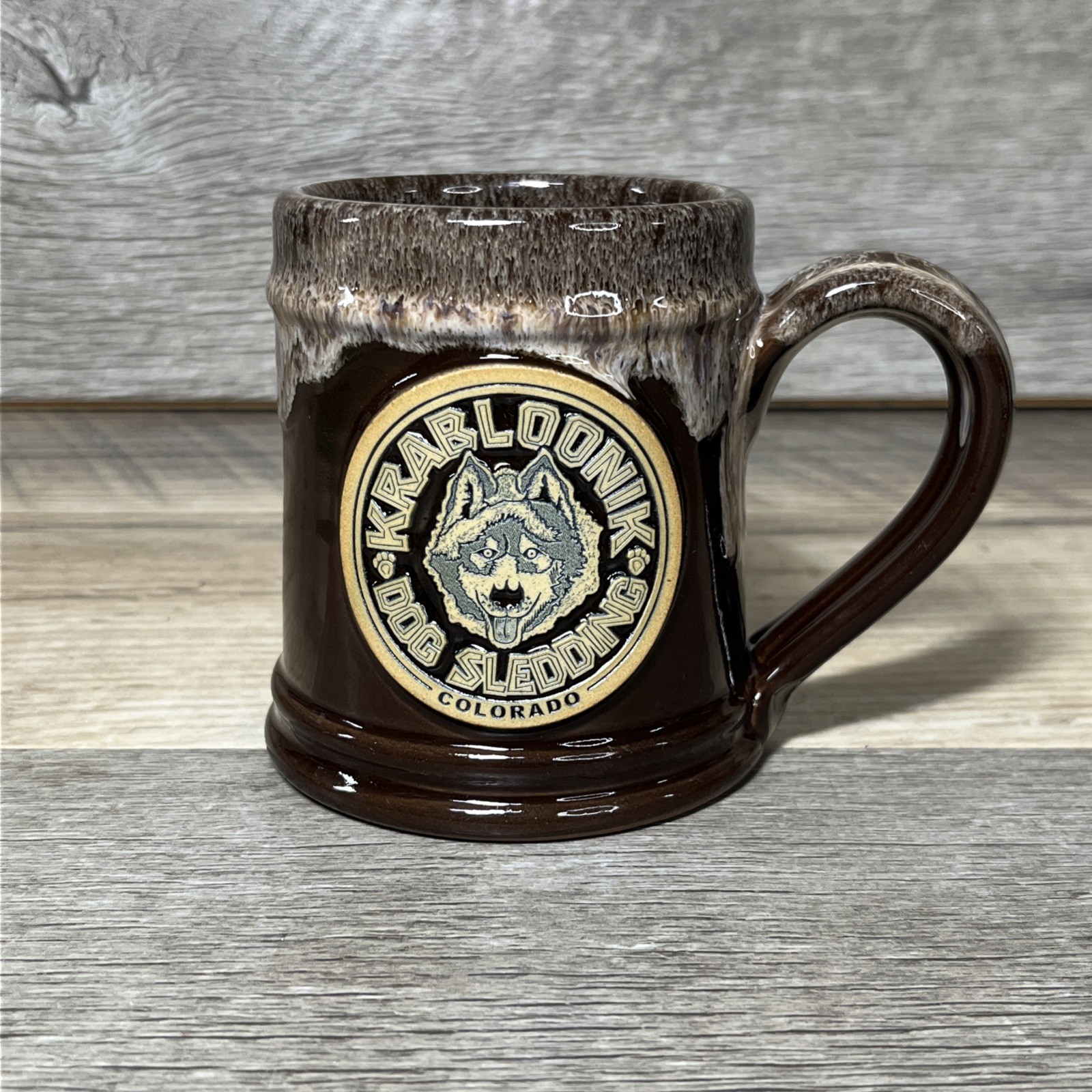 Krabloonik Deneen Pottery Mug Colorado Dog Sledding Brown Drip Glaze Coffee Cup