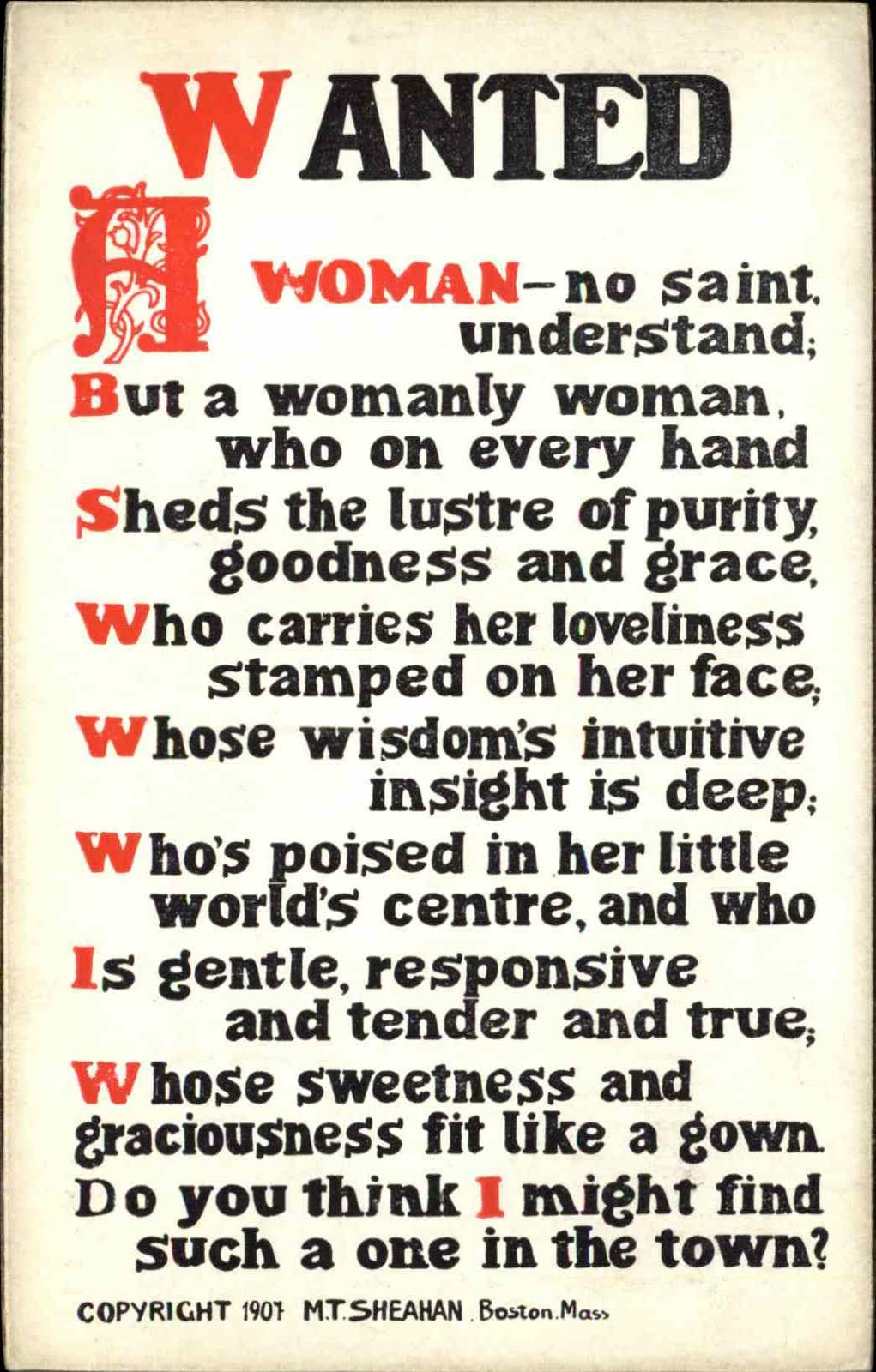 MT SHEAHAN Wanted - A Woman Poem Verse MISOGYNY c1910 Postcard