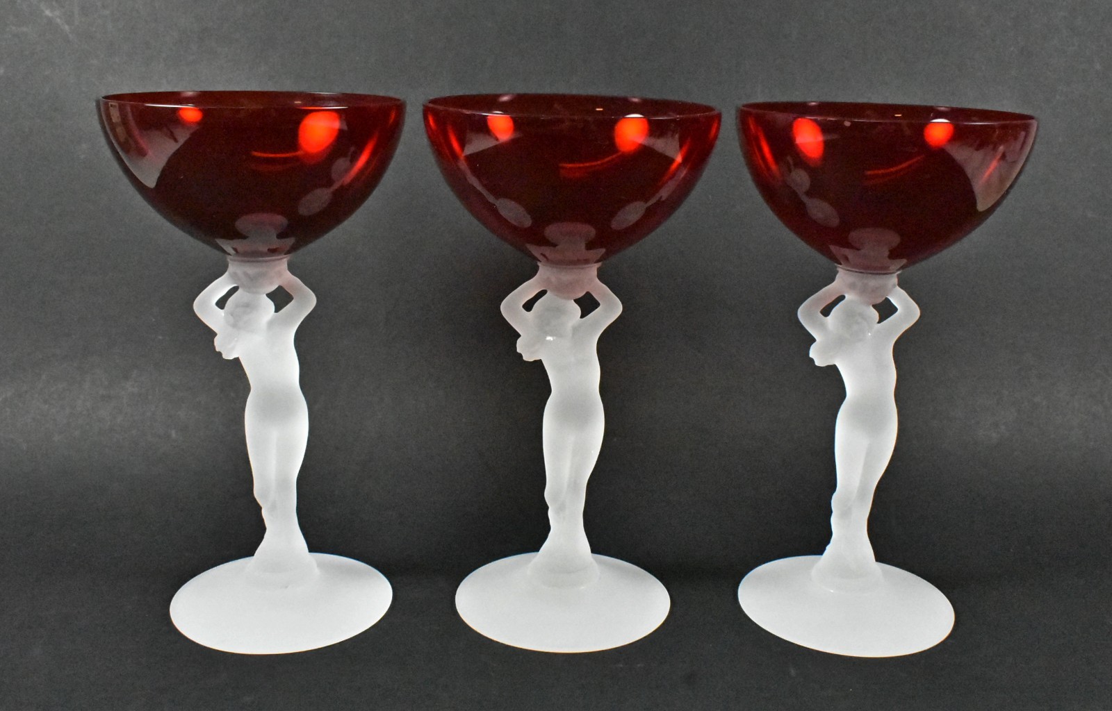 Cambridge Frosted Nude Stem Sherbet Glasses in Red