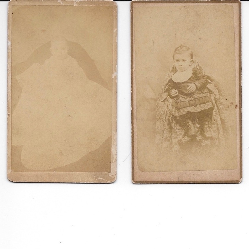 2 Antique CDV Photos Baby Children Christening Dress Shoes 1860s Haunting Faded