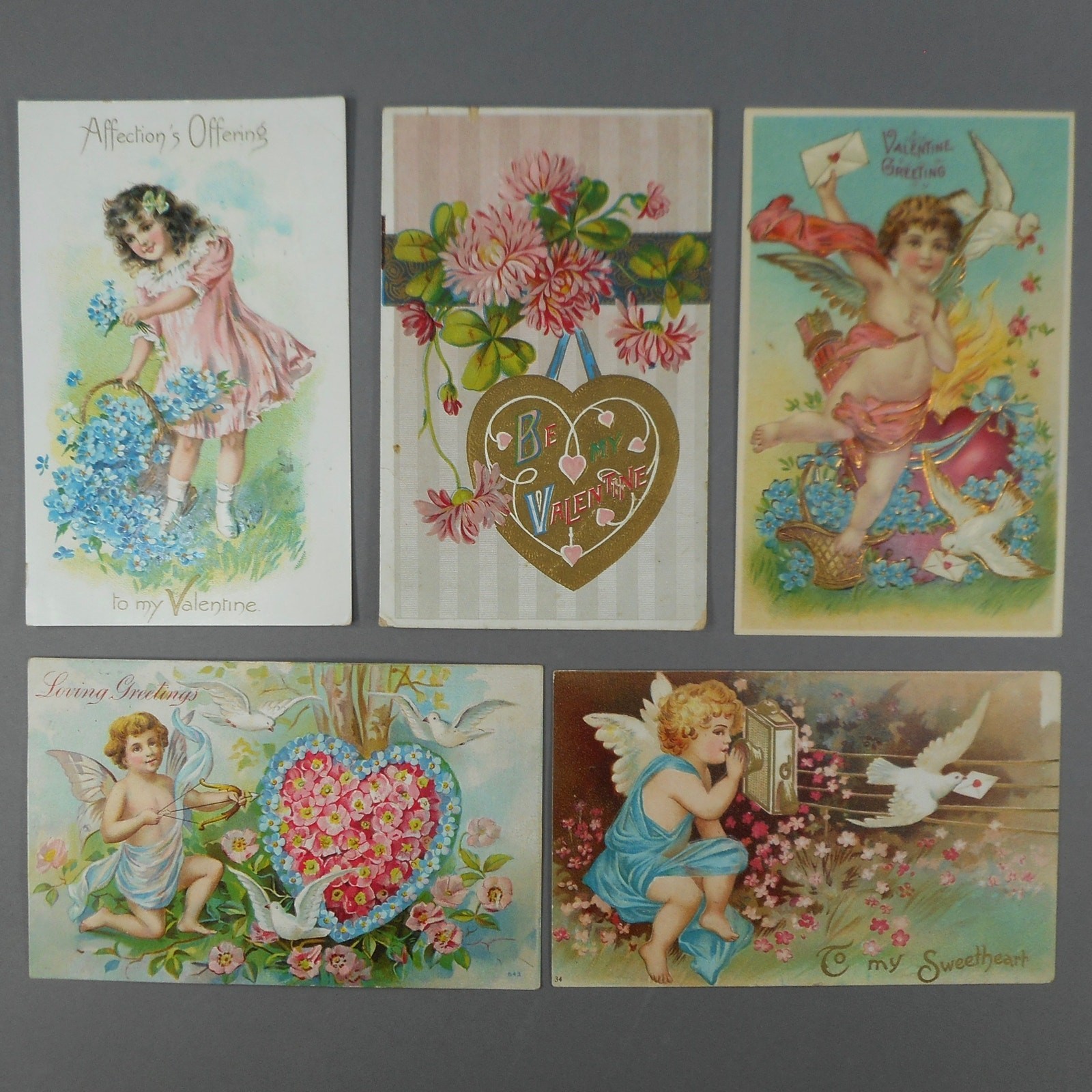 Lot 5 Antique Vintage Original Embossed Post Cards Valentine Used Unused 1 Tuck