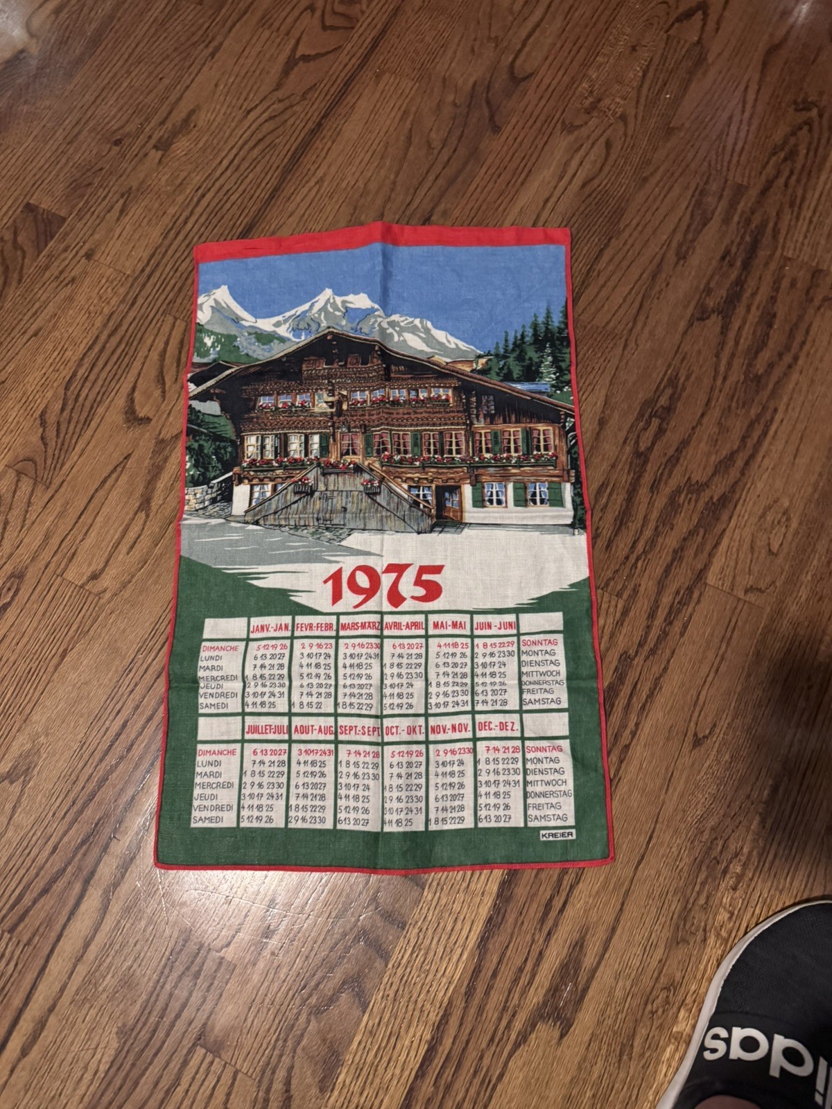 Vintage 1975 KREIER Hanging Kitchen Towel German Calendar RARE Swiss Alp Chalet