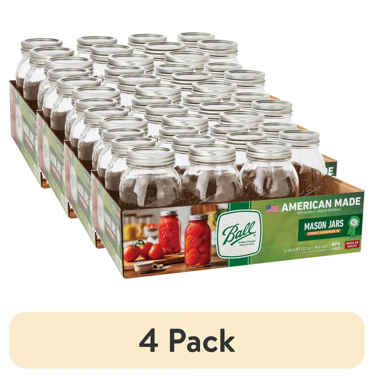 (4 pack) Ball Regular Mouth Quart 32-Oz. Glass Mason Jar with Lids and Bands, 12